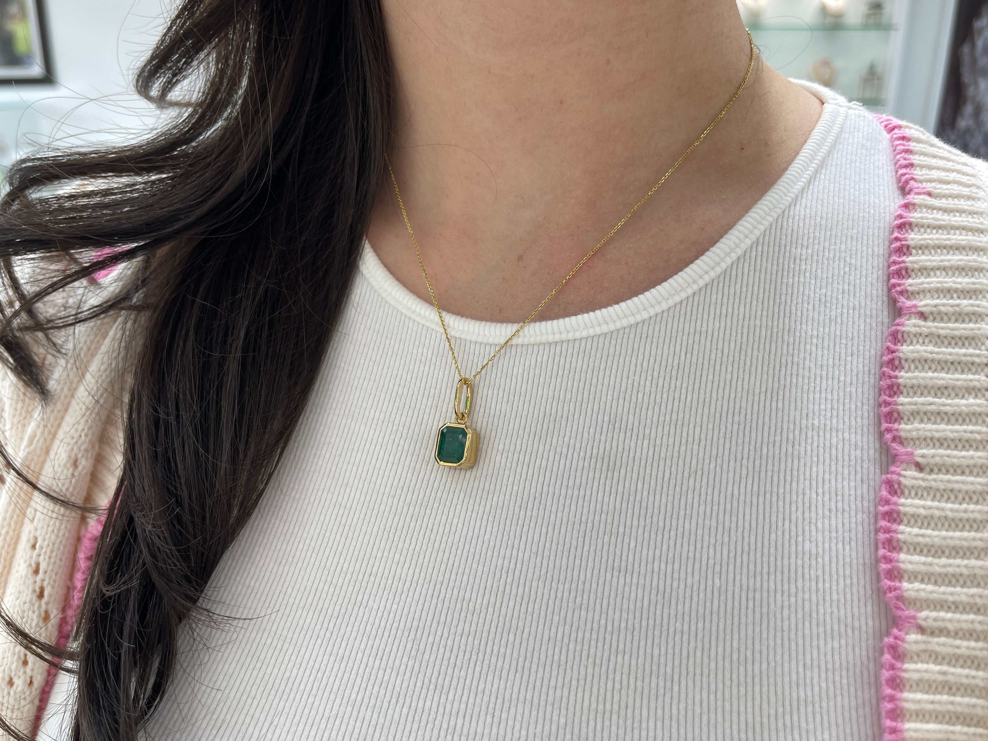 Dark green Zambian emerald necklace with 4.98 carats in a bezel setting, crafted in 14K gold by JR Colombian Emeralds.