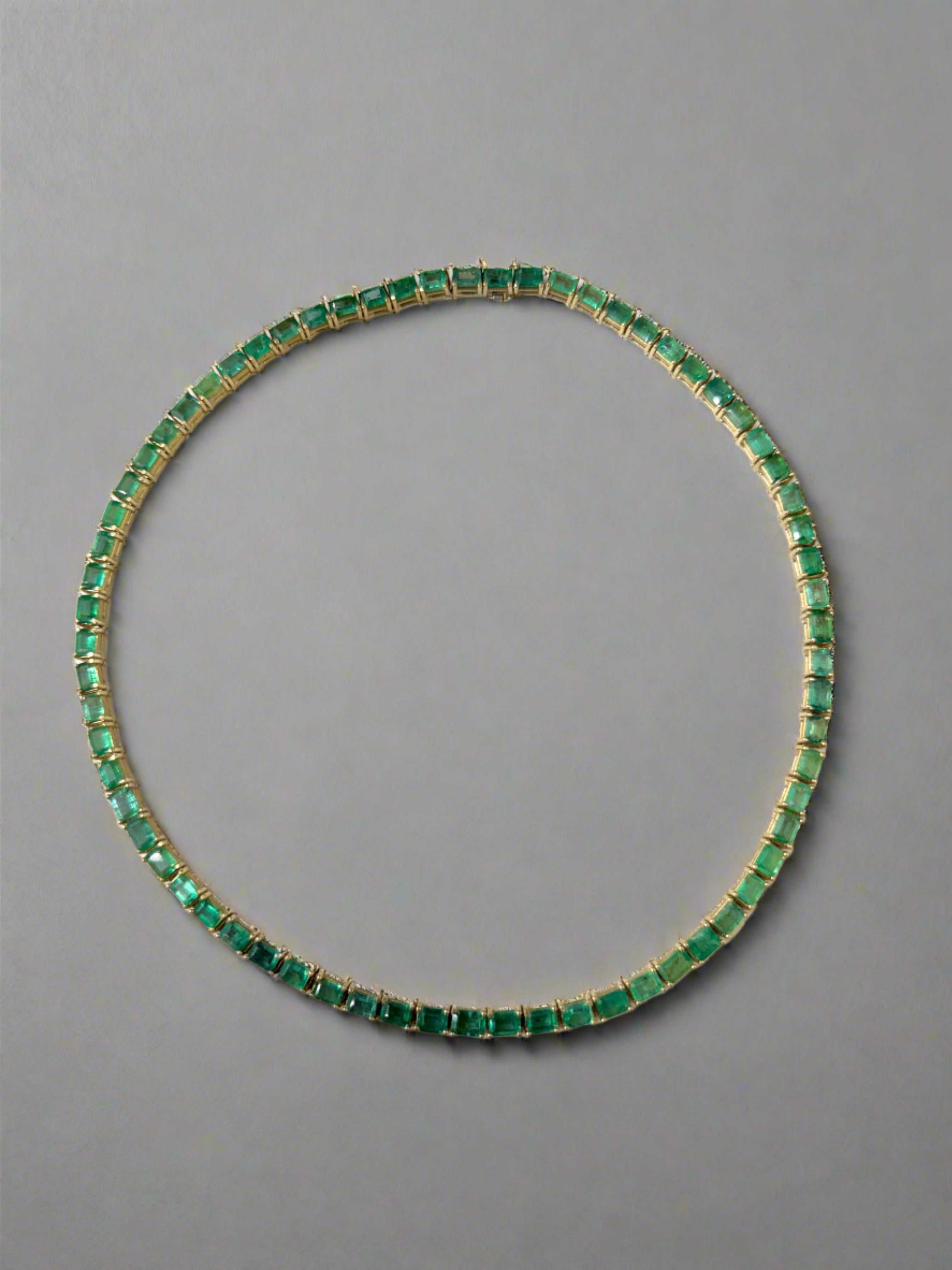 46.28 CARAT Large Emerald Cut Prong Tennis Necklace Solid 14K Yellow Gold
