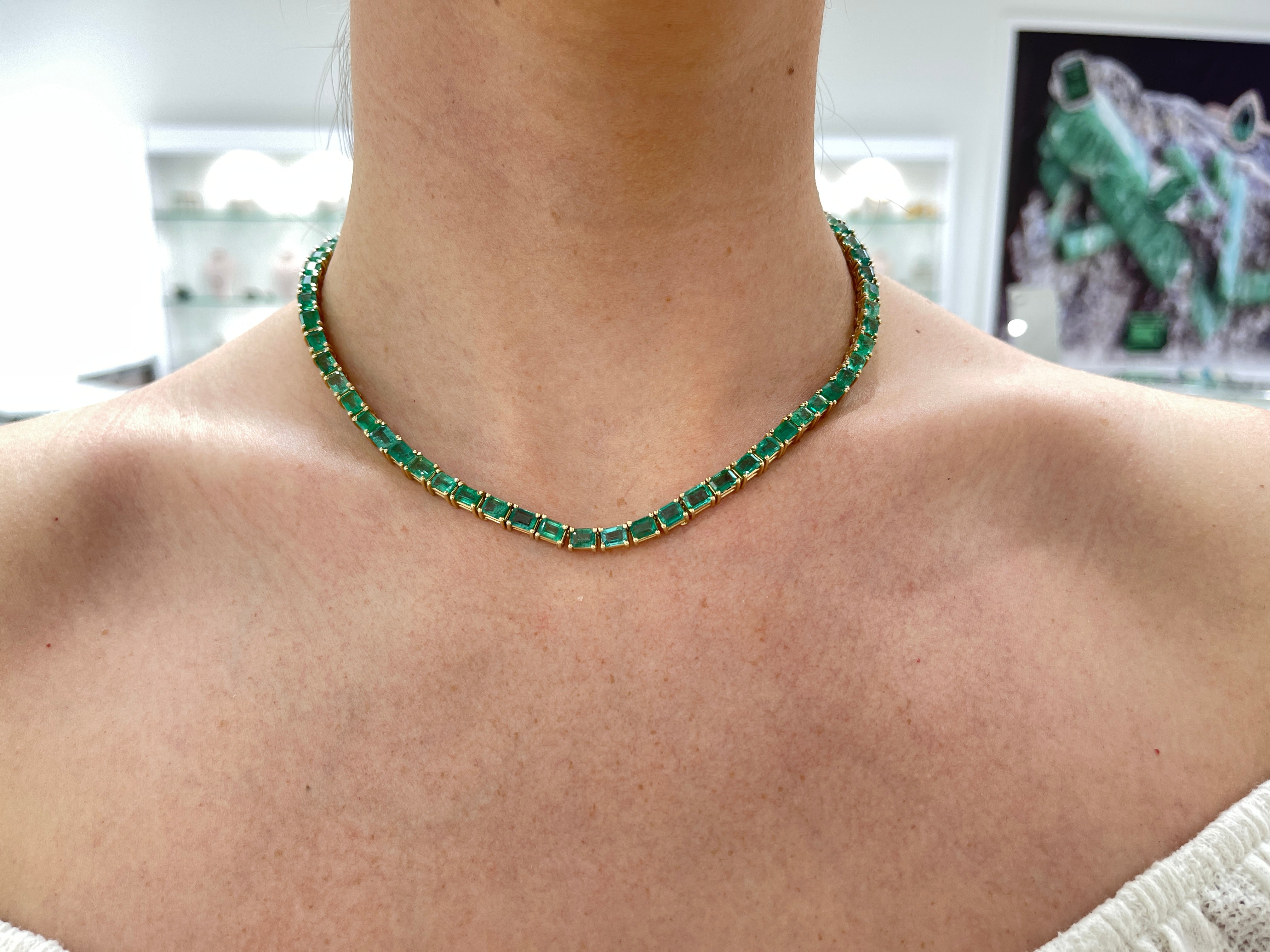 46.28 CARAT Large Emerald Cut Prong Tennis Necklace Solid 14K Yellow Gold