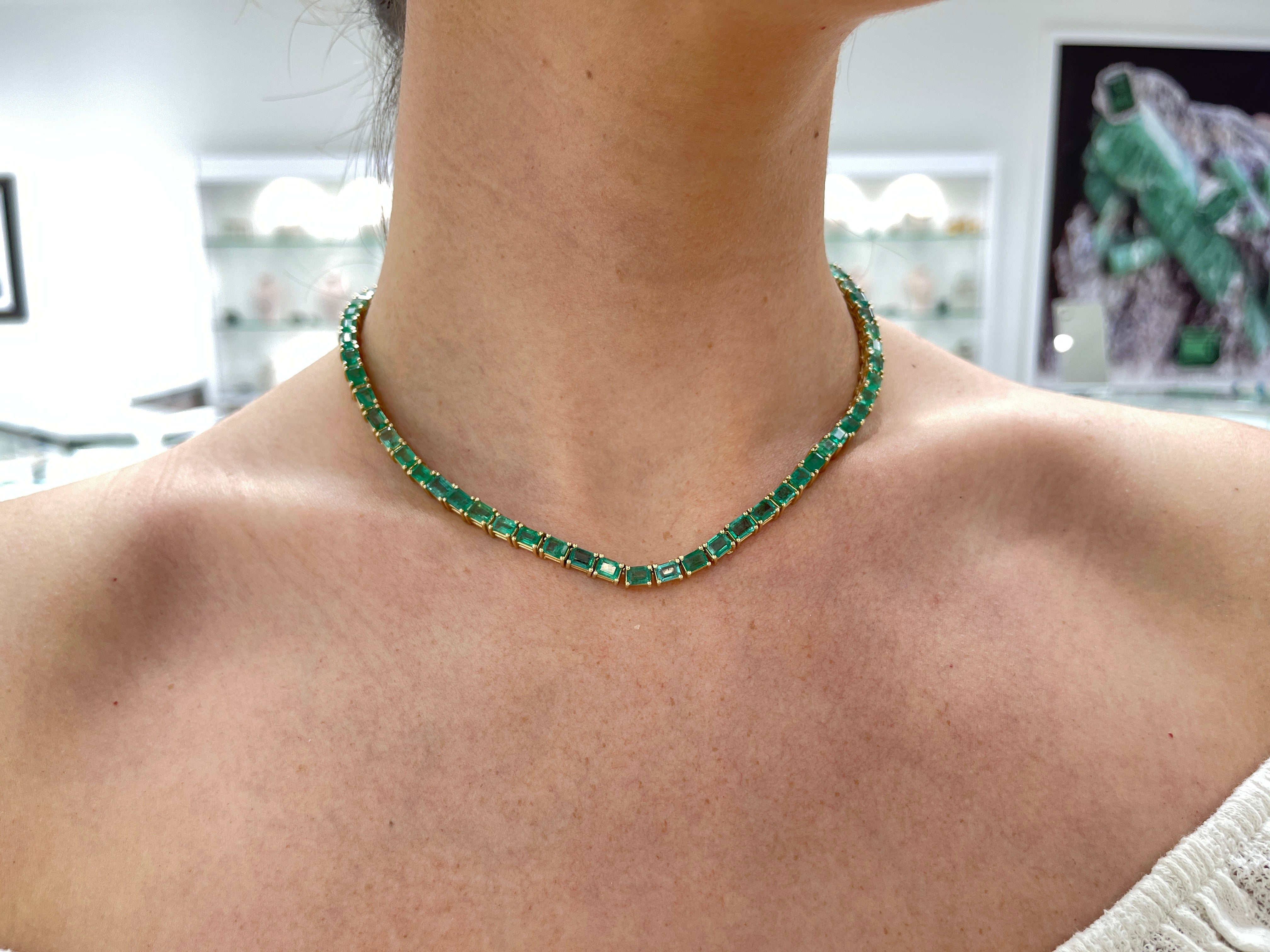 46.28 CARAT Large Emerald Cut Prong Tennis Necklace Solid 14K Yellow Gold