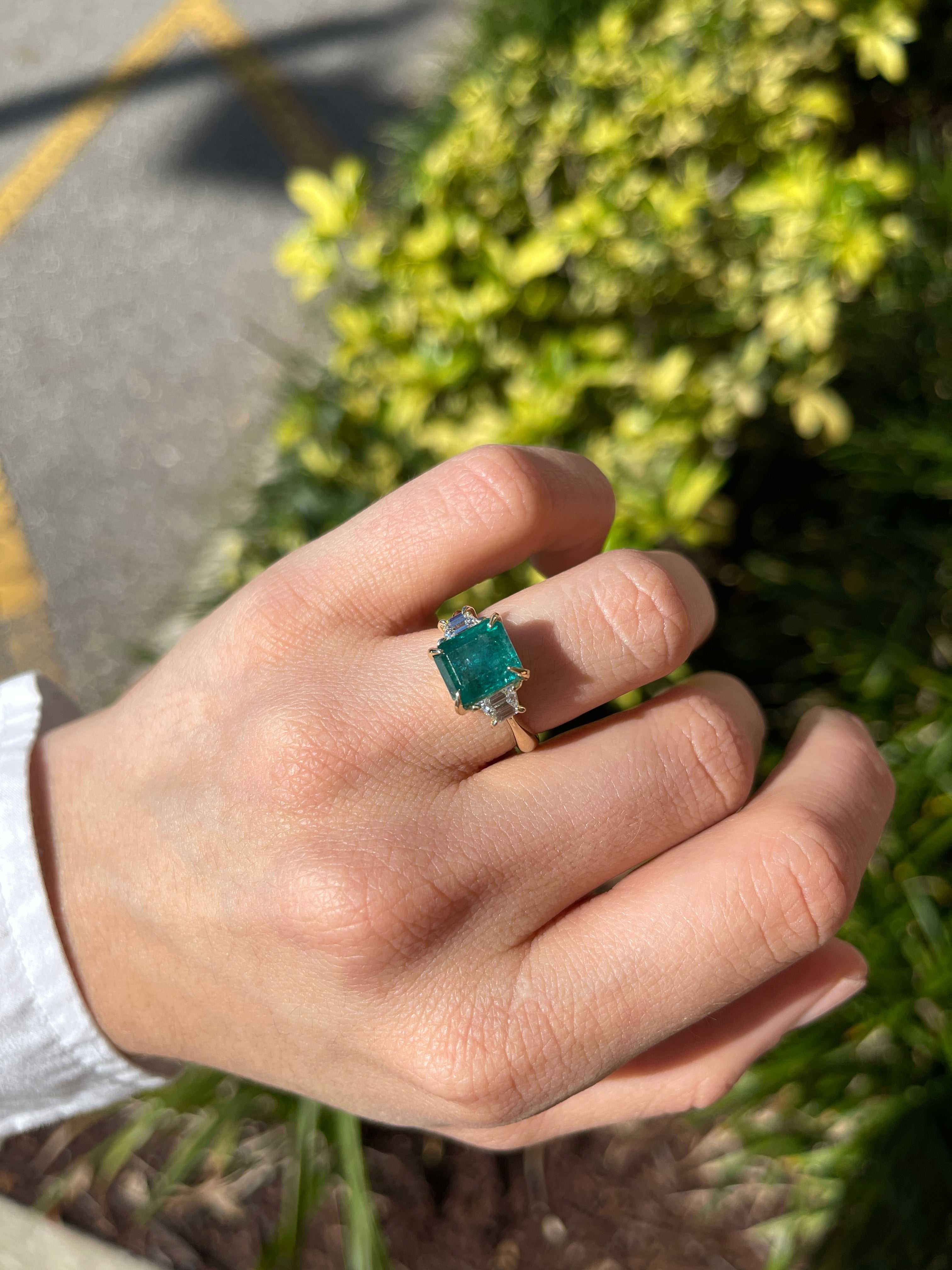 5.03tcw Natural Emerald & Trapezoid Lab Diamond Three Stone Ring 14K - JR Colombian Emeralds