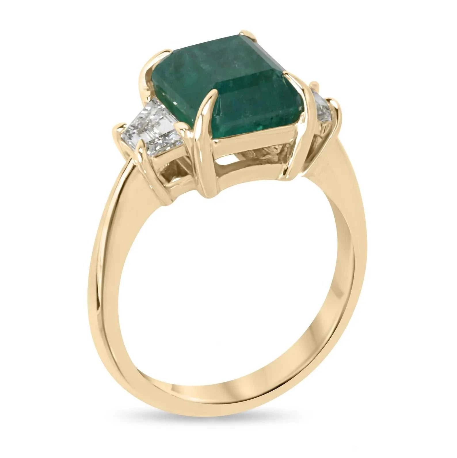 5.03tcw Natural Emerald & Trapezoid Lab Diamond Three Stone Ring 14K - JR Colombian Emeralds