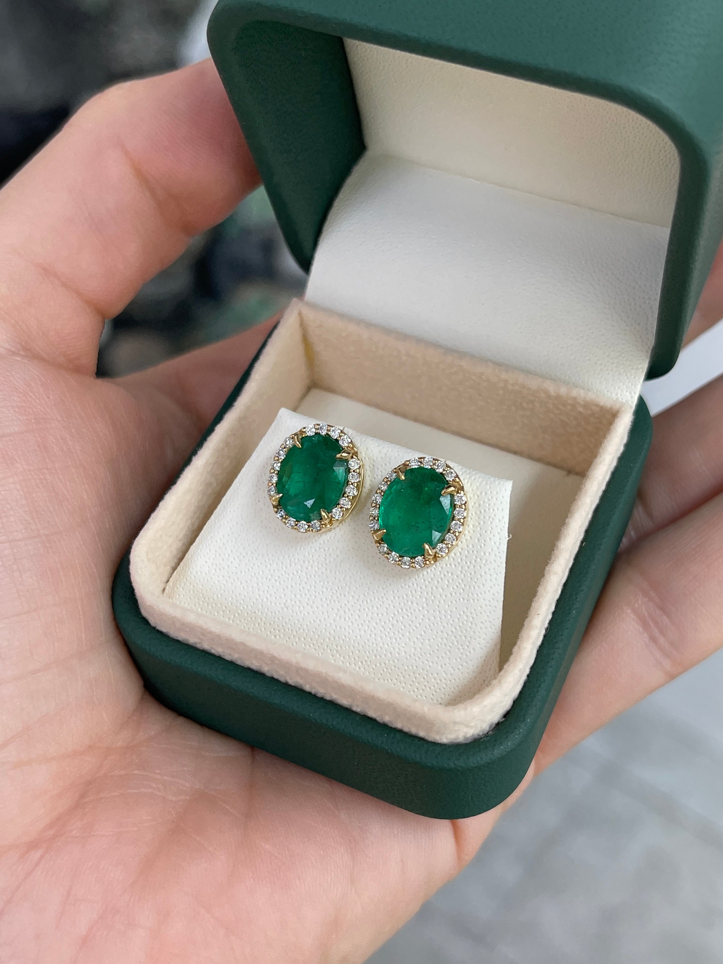 5.15tcw Oval Cut Natural Emerald & Diamond Halo Studs 14K - JR Colombian Emeralds