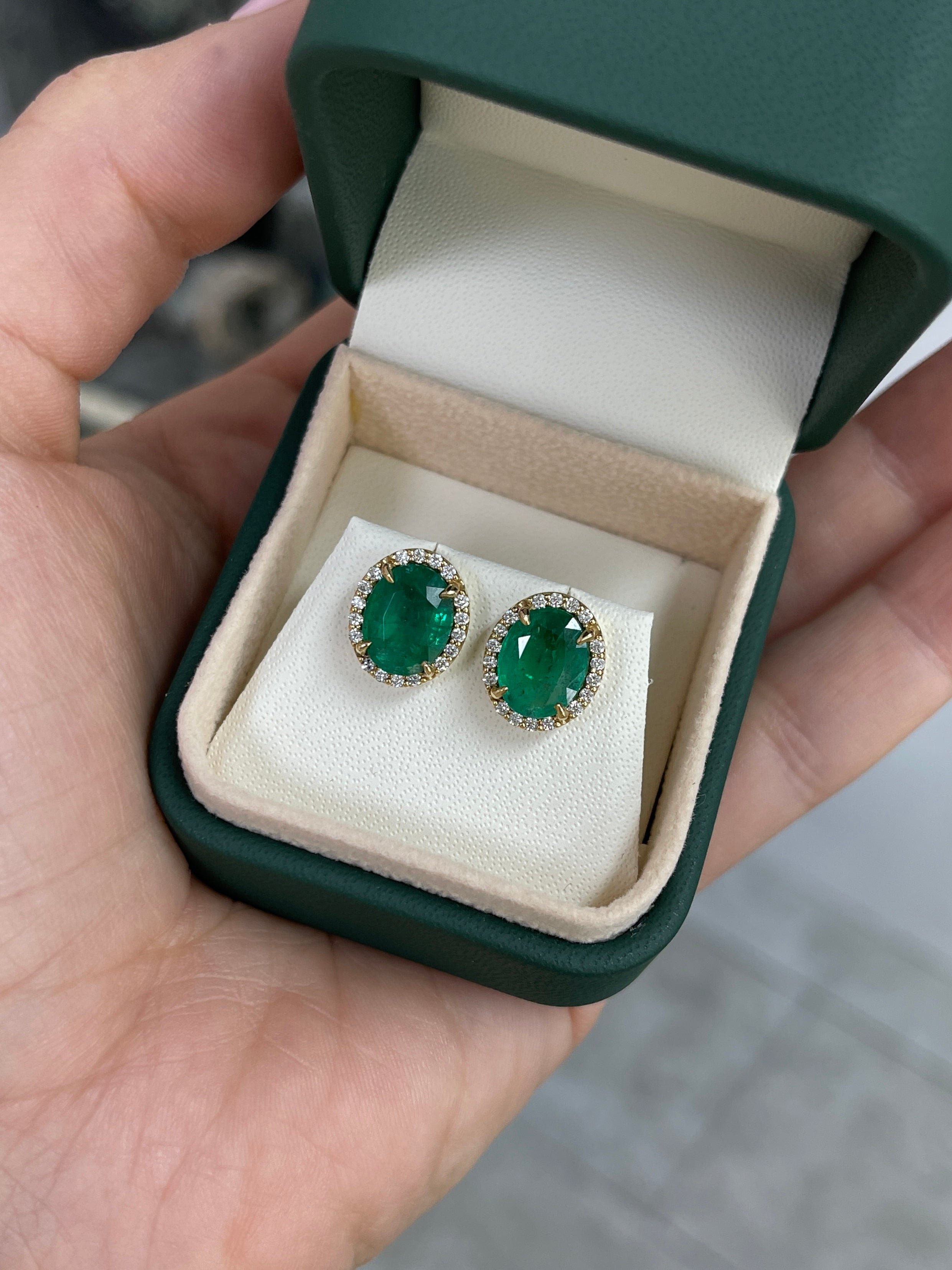 5.15tcw Oval Cut Natural Emerald & Diamond Halo Studs 14K - JR Colombian Emeralds