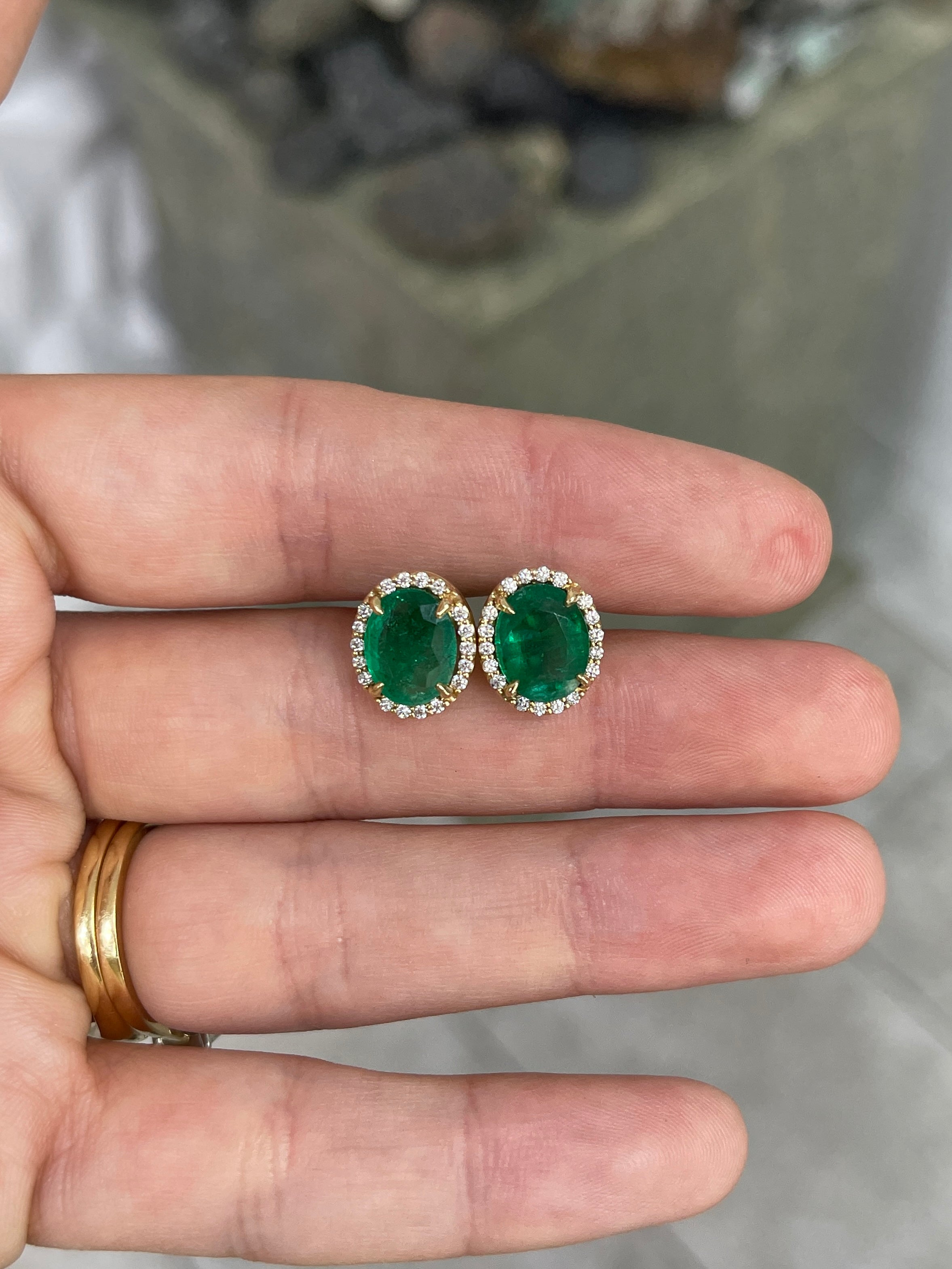 5.15tcw Oval Cut Natural Emerald & Diamond Halo Studs 14K - JR Colombian Emeralds