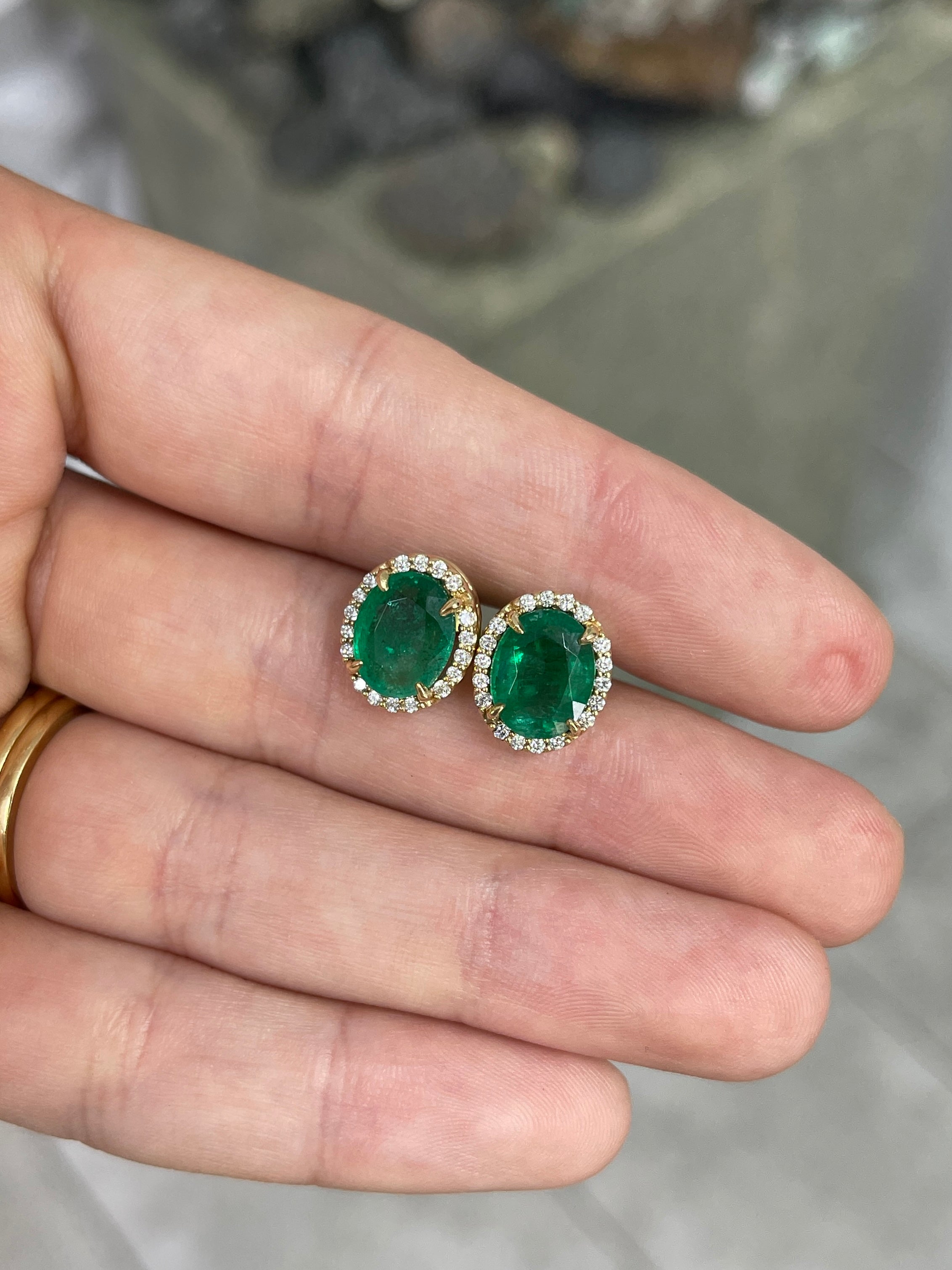 5.15tcw Oval Cut Natural Emerald & Diamond Halo Studs 14K - JR Colombian Emeralds