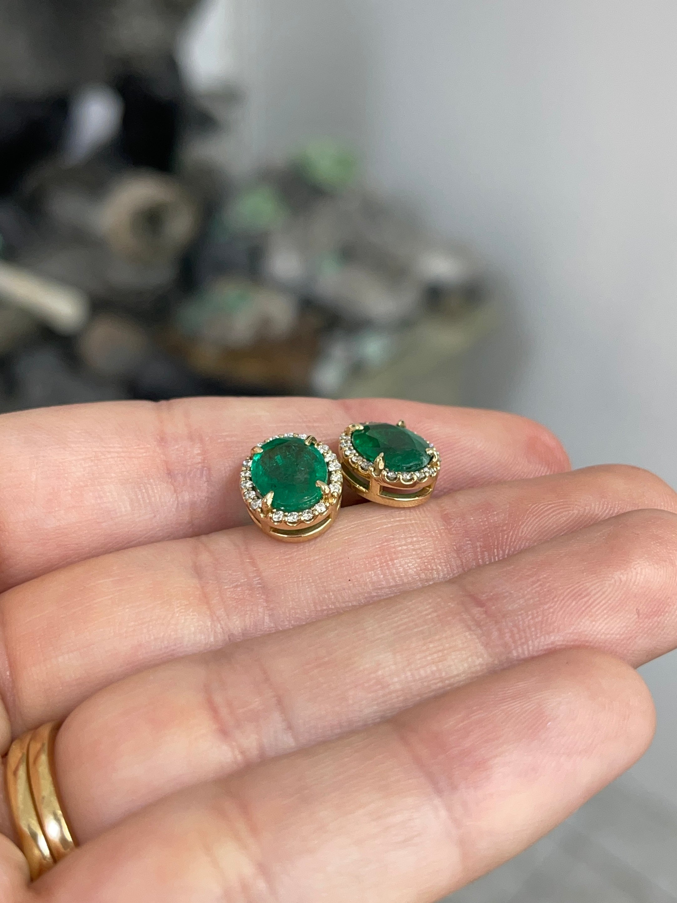 5.15tcw Oval Cut Natural Emerald & Diamond Halo Studs 14K - JR Colombian Emeralds