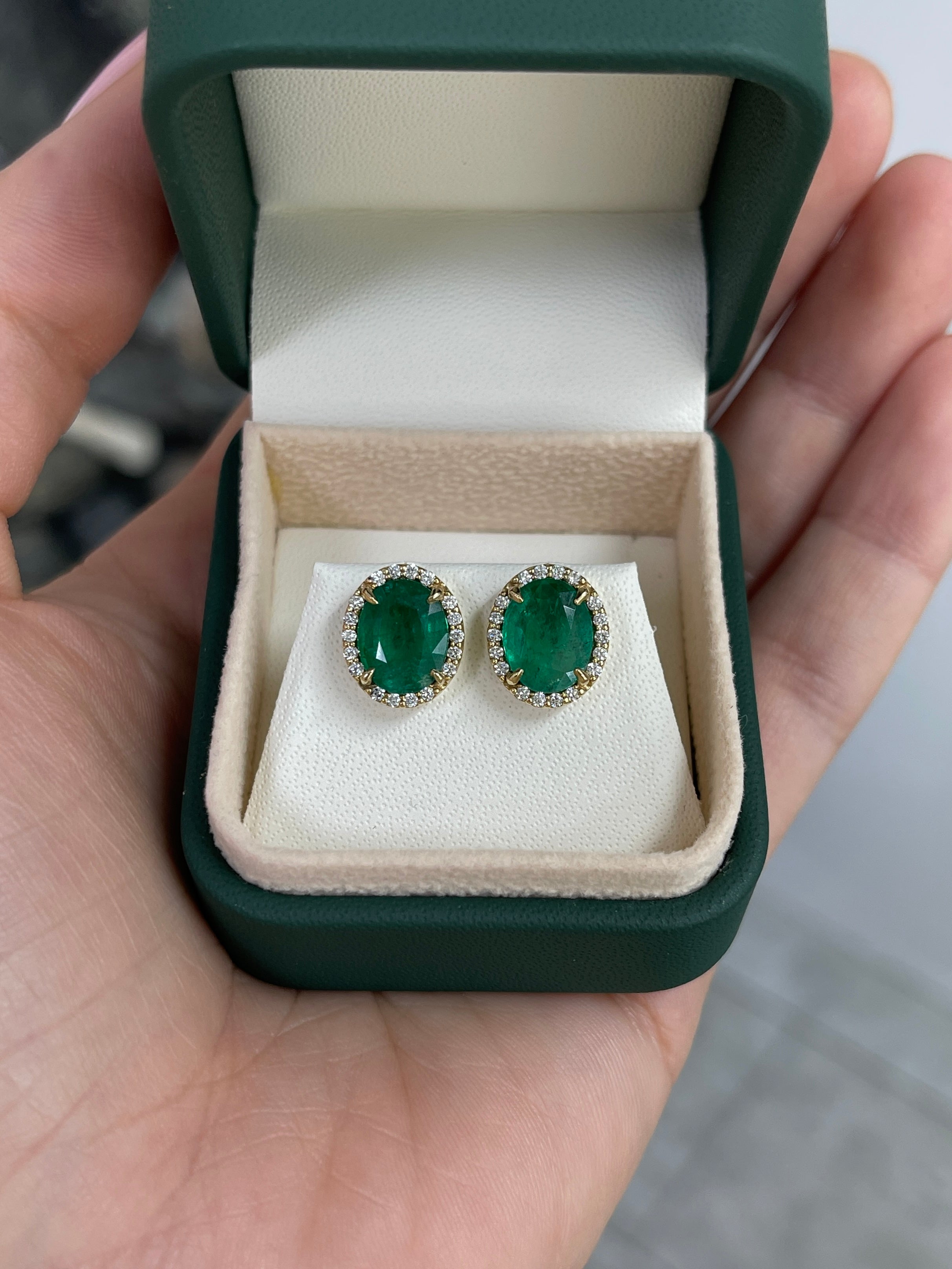 5.15tcw Oval Cut Natural Emerald & Diamond Halo Studs 14K - JR Colombian Emeralds
