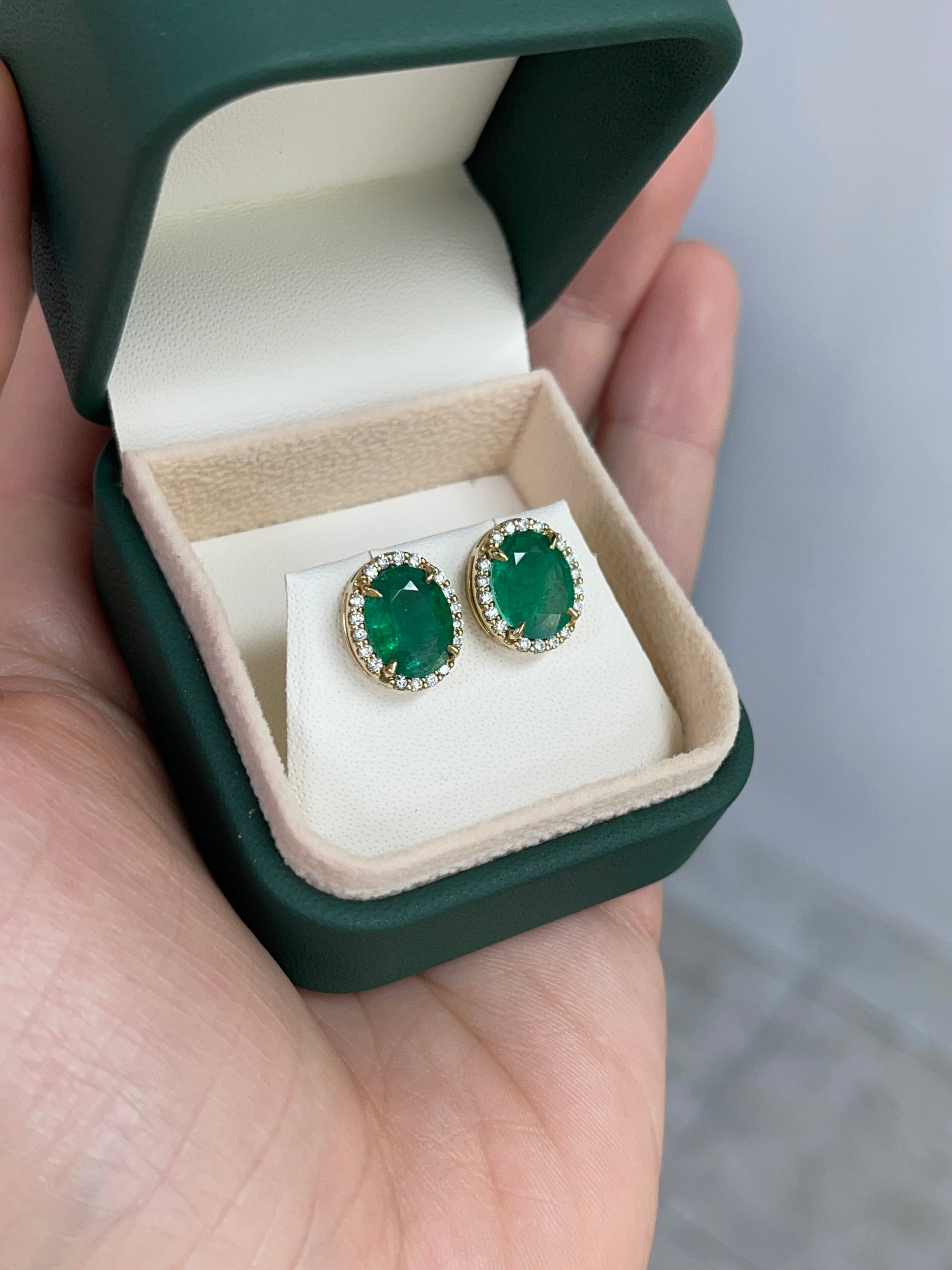 5.15tcw Oval Cut Natural Emerald & Diamond Halo Studs 14K - JR Colombian Emeralds