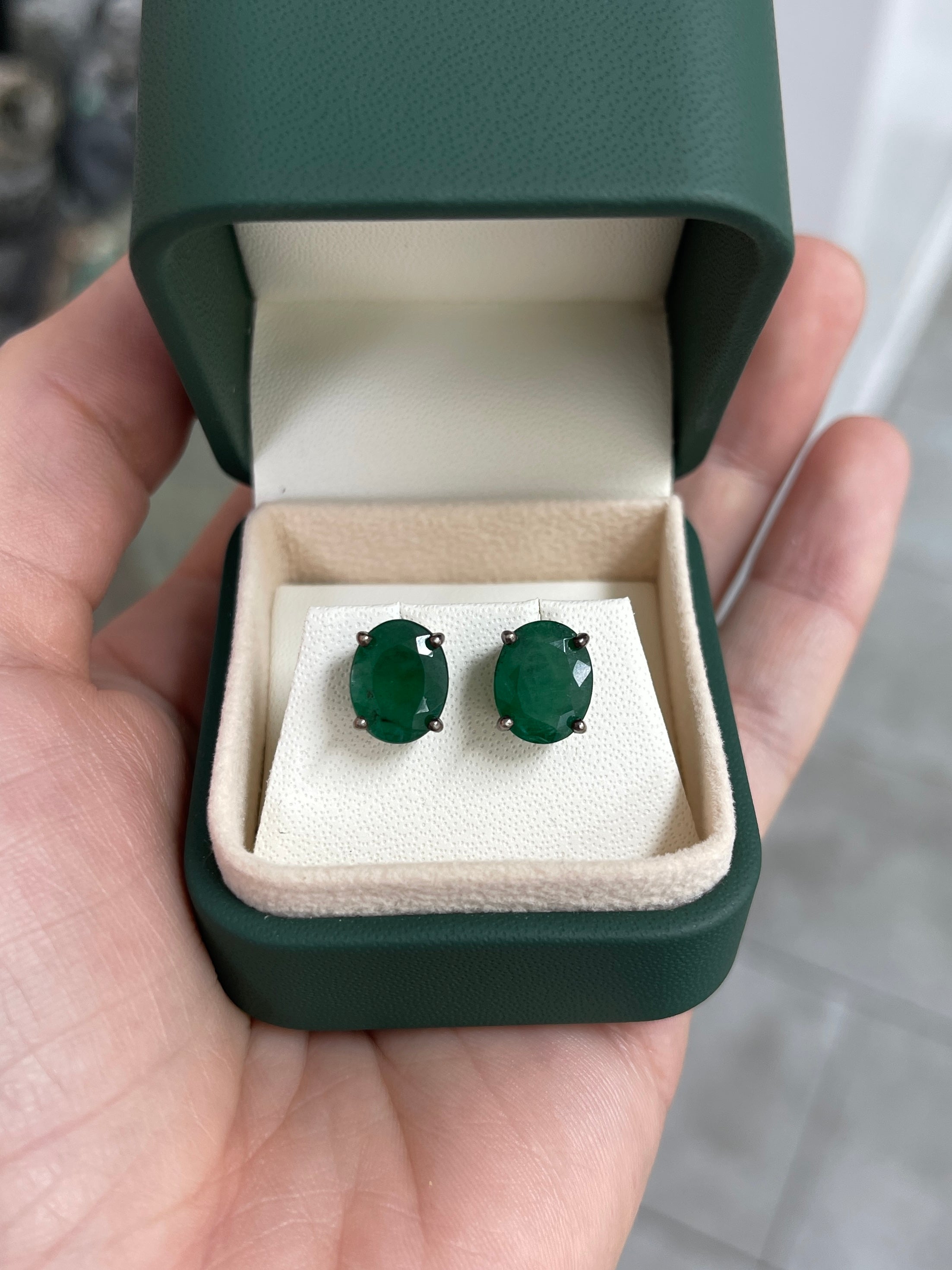 5.20tcw Dark Green Natural Oval Blackened Silver Stud Earrings - JR Colombian Emeralds