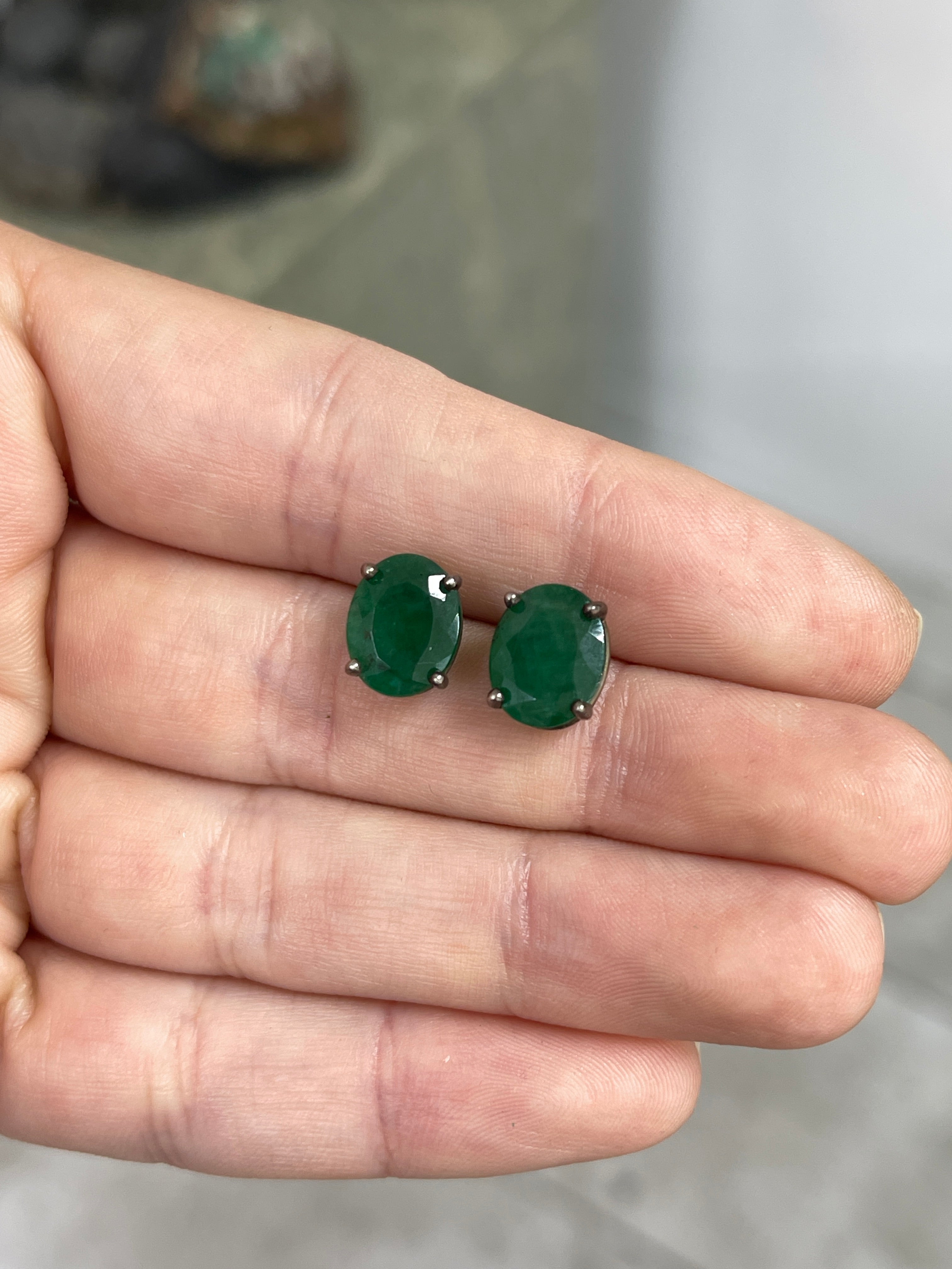 5.20tcw Dark Green Natural Oval Blackened Silver Stud Earrings - JR Colombian Emeralds