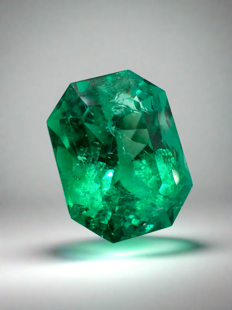 Vivid bluish green Colombian emerald cut gemstone, 5.21 carats, 11.5x9 mm with clipped corners, by JR Colombian Emeralds.