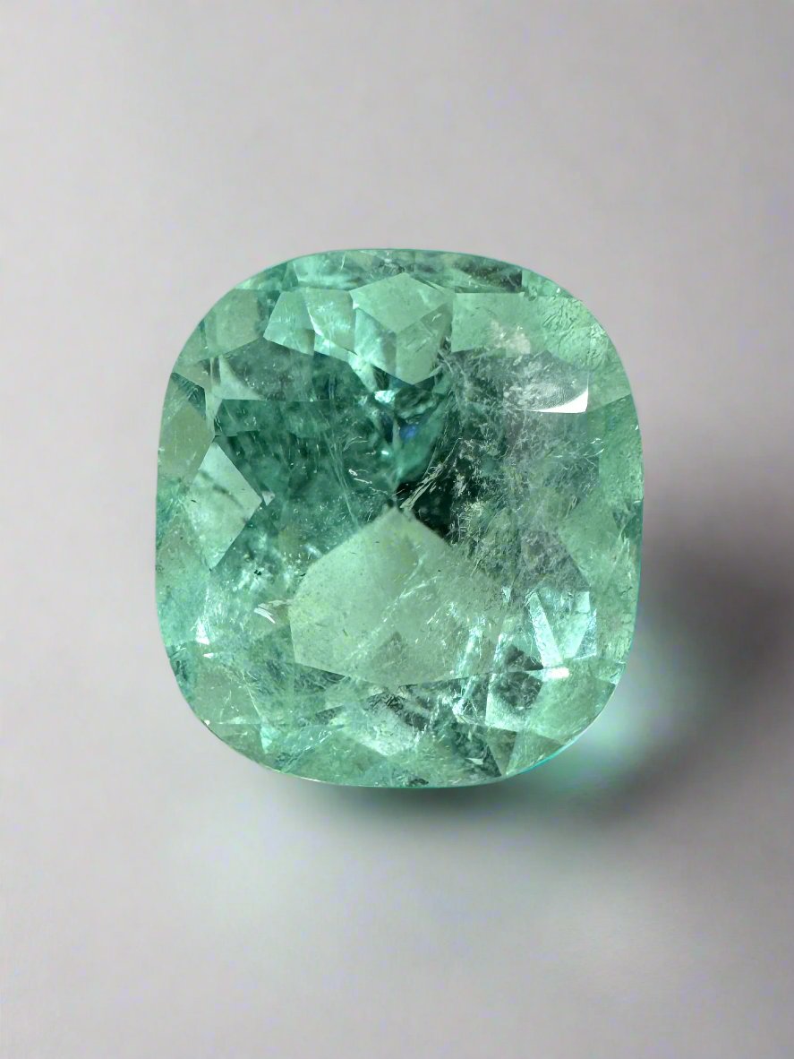 Seafoam green 5.38 carat natural Colombian emerald in cushion cut, loose gemstone from JR Colombian Emeralds.
