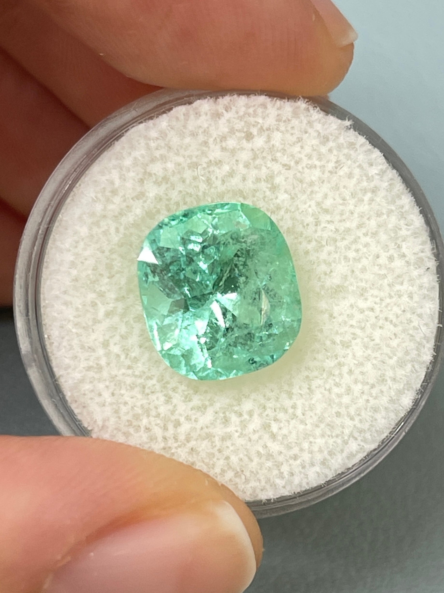 Seafoam green 5.38 carat natural Colombian emerald loose cushion cut gemstone by JR Colombian Emeralds.
