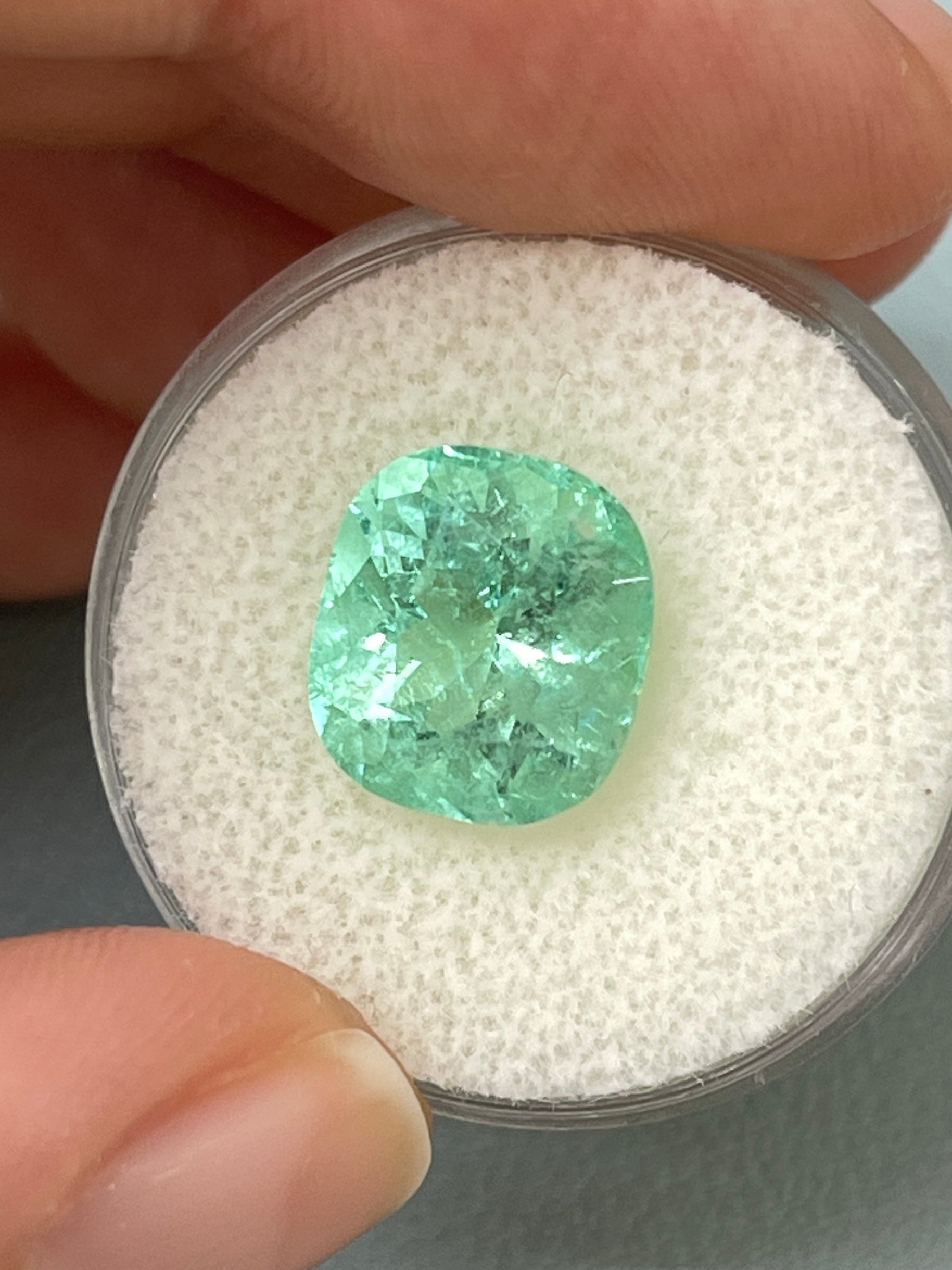 Seafoam green natural Colombian emerald loose cushion cut, 5.38 carats, from JR Colombian Emeralds.