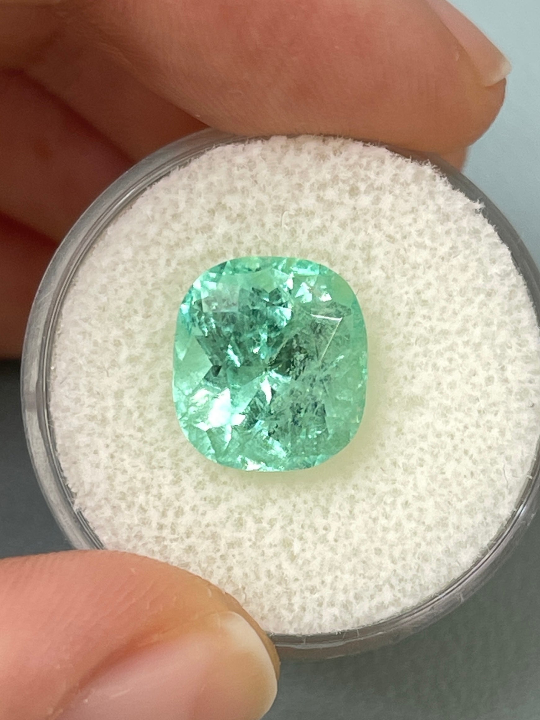 Seafoam green 5.38 carat natural Colombian emerald, cushion cut, loose gemstone from JR Colombian Emeralds.