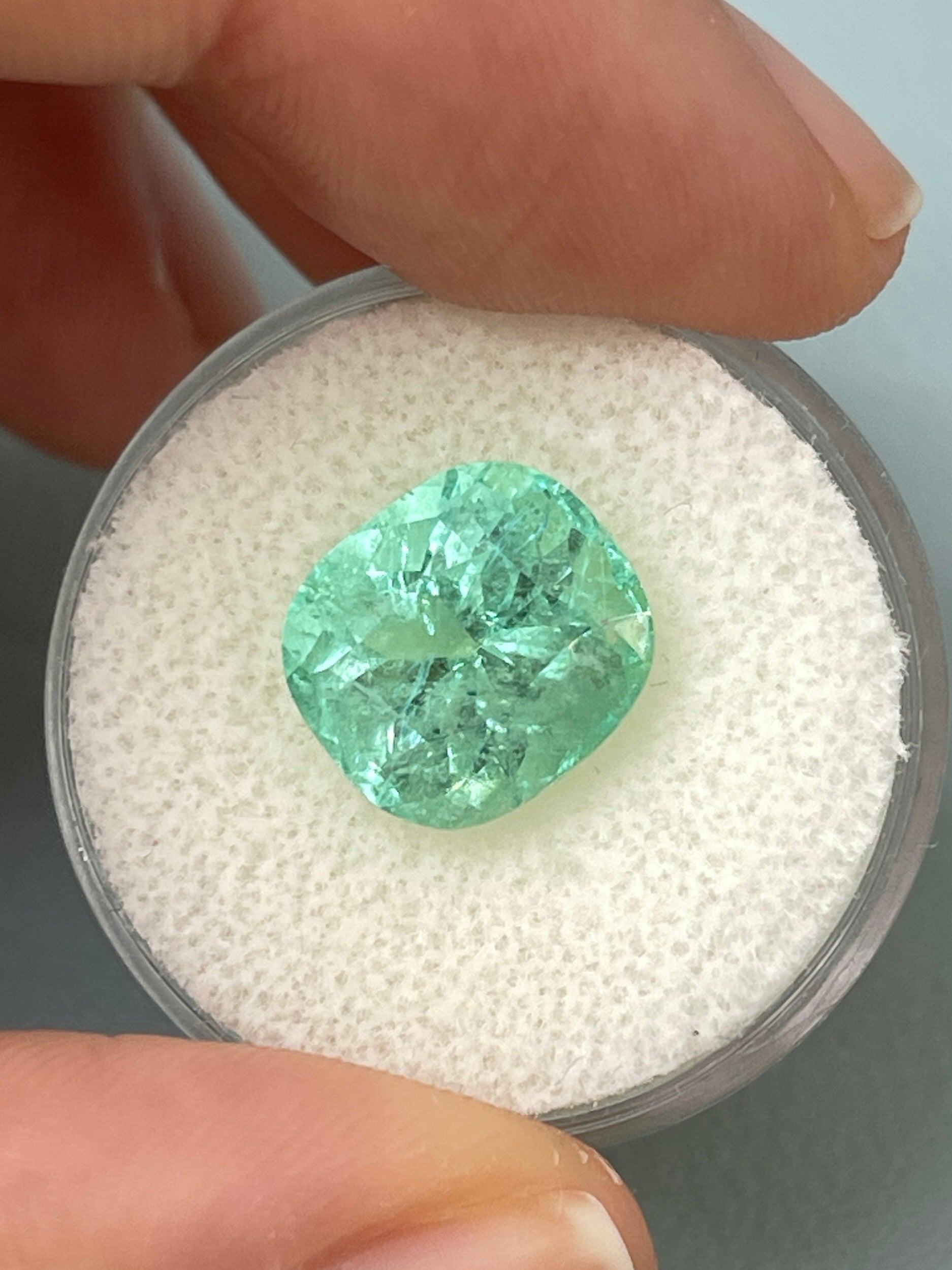 Seafoam green 5.38 carat natural Colombian emerald loose cushion cut gem from JR Colombian Emeralds.