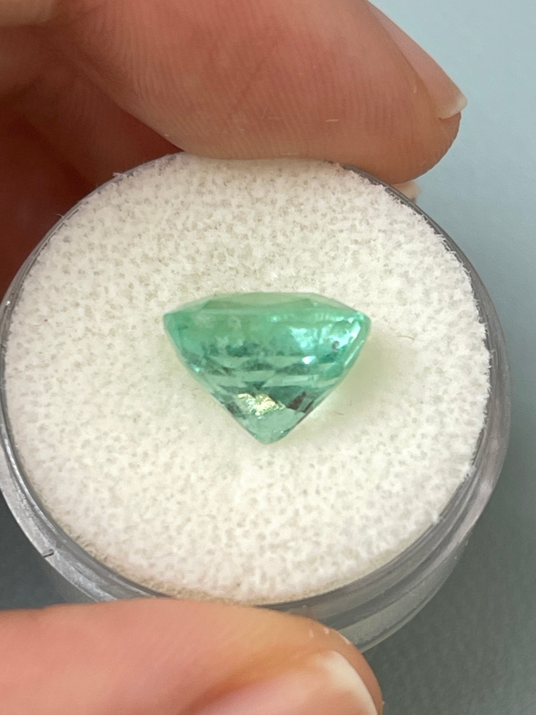 Seafoam green 5.38 carat natural Colombian emerald loose cushion cut gemstone by JR Colombian Emeralds.