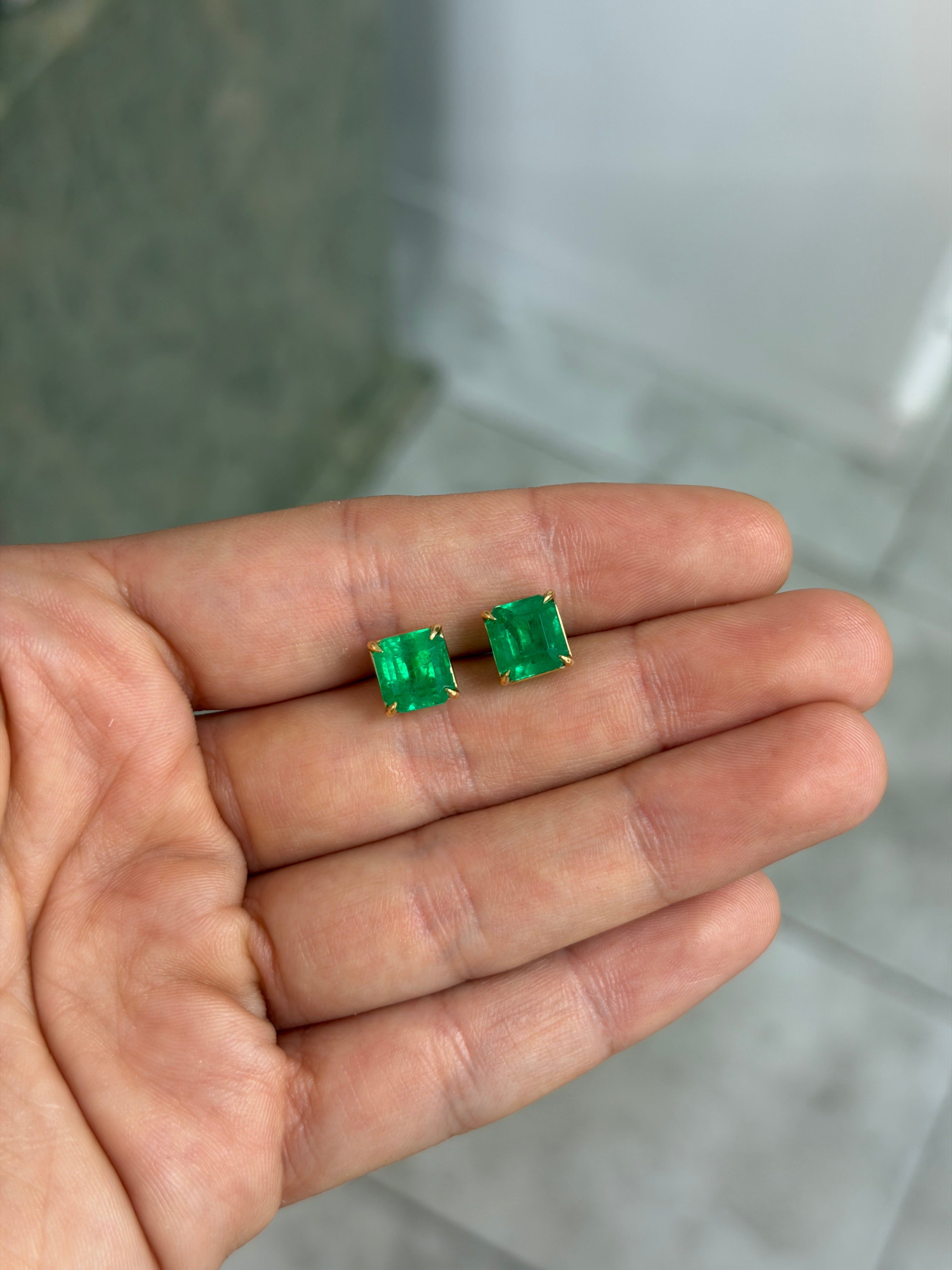 5.39tcw Fine Muzo Green Asscher Cut Colombian Emerald Studs 18K