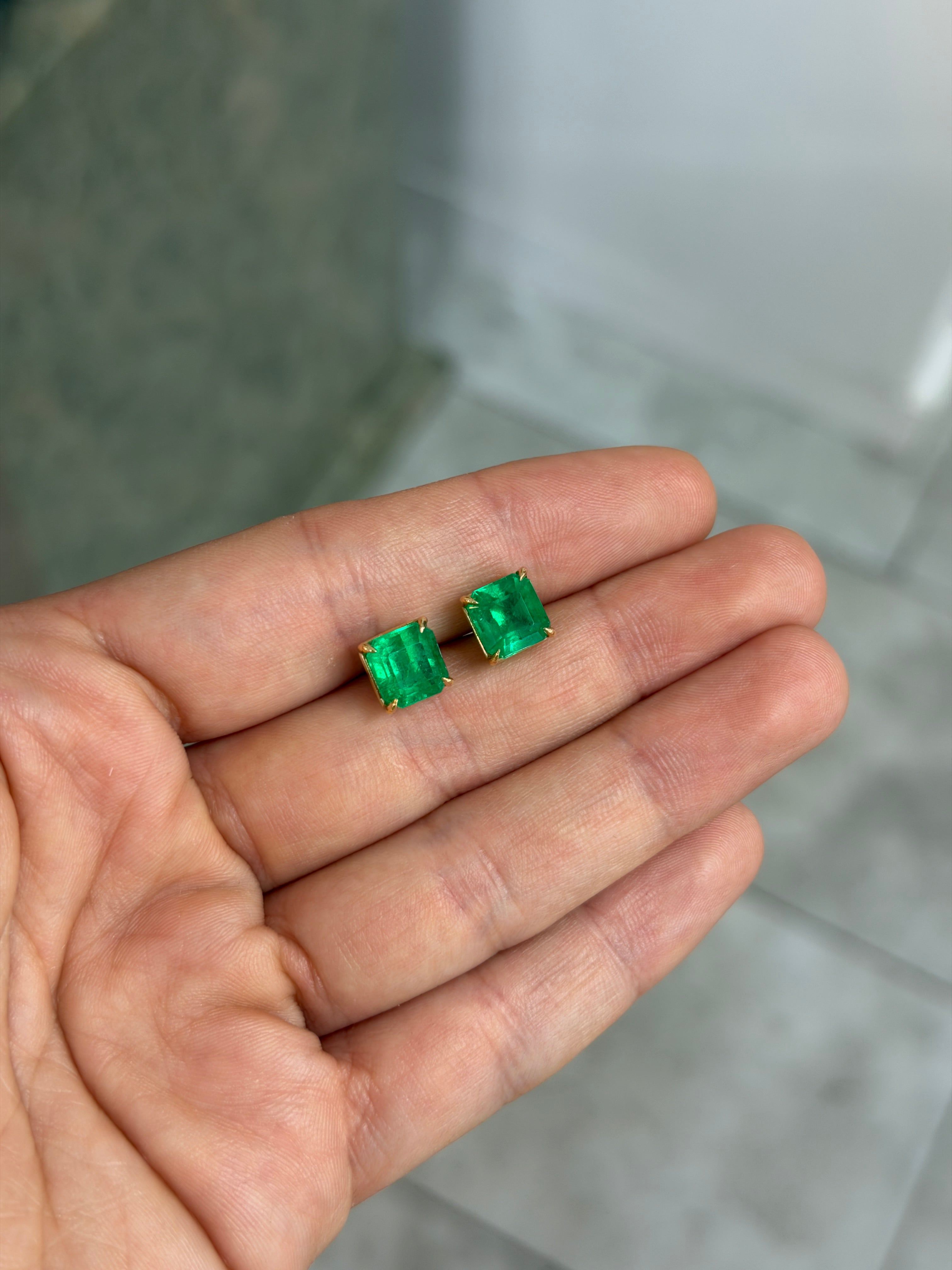 5.39tcw Fine Muzo Green Asscher Cut Colombian Emerald Studs 18K