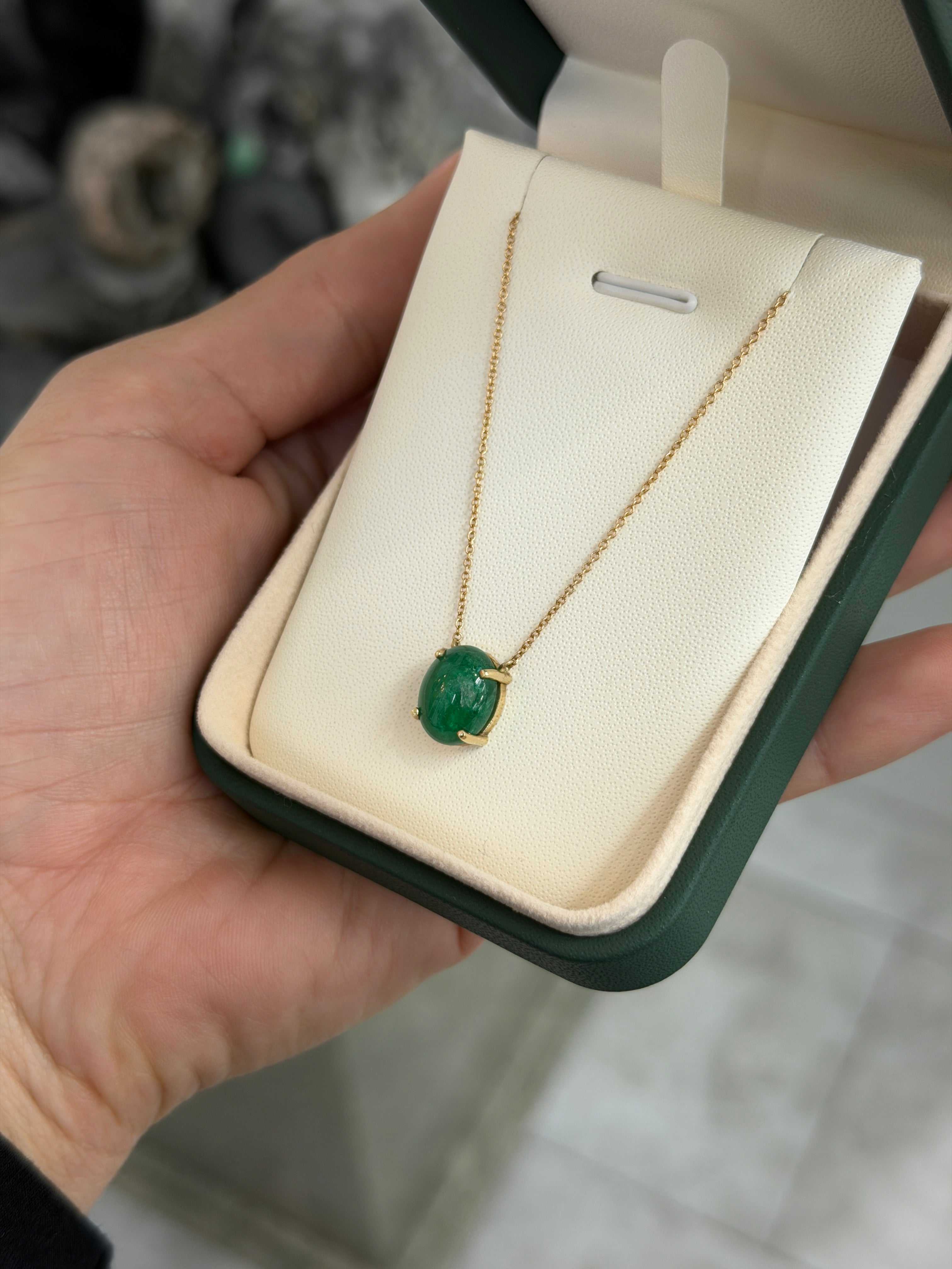 5.50 Carat Zambian Emerald Cabochon Cut Solitaire Necklace 14K - JR Colombian Emeralds