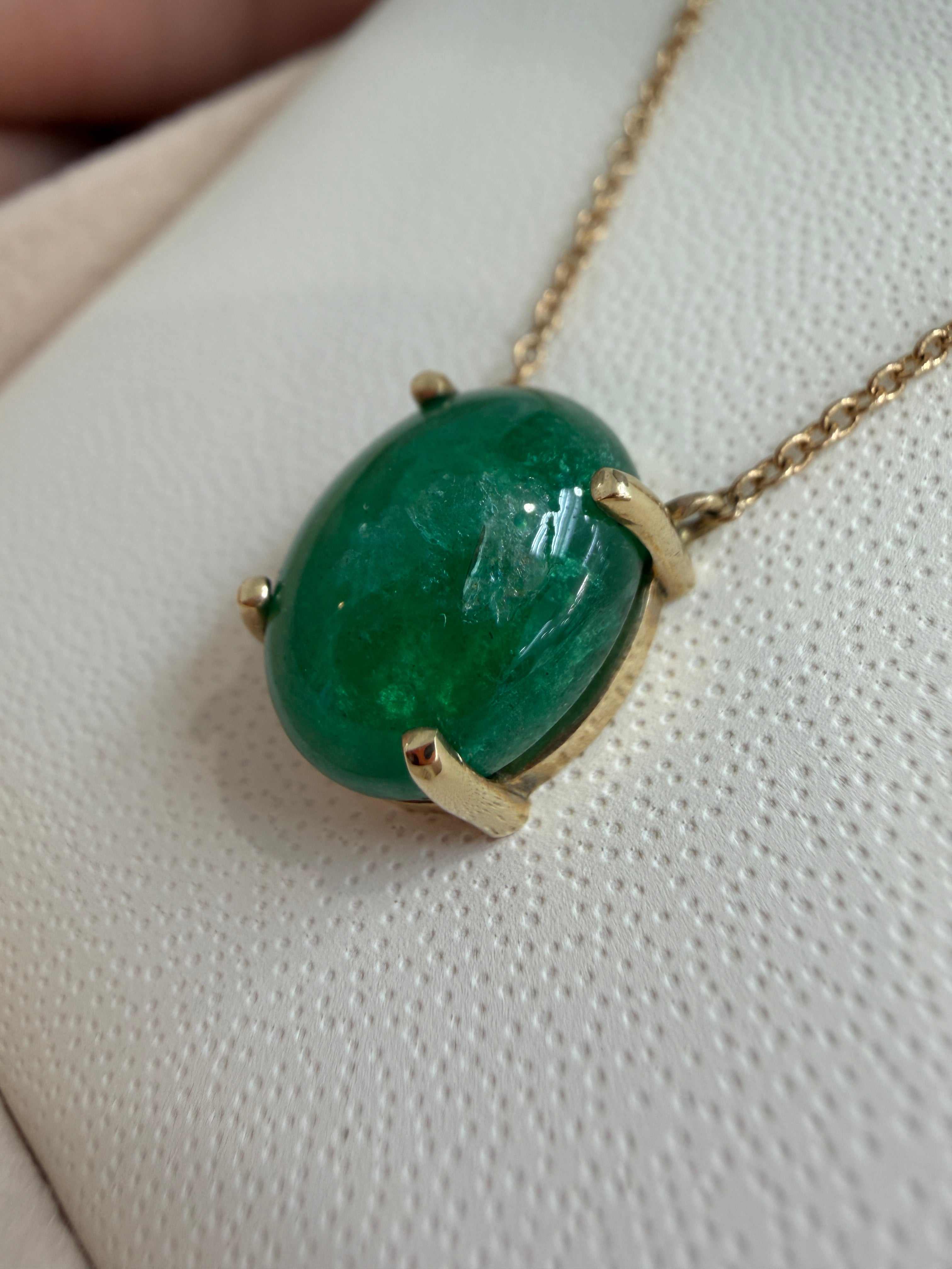 5.50 Carat Zambian Emerald Cabochon Cut Solitaire Necklace 14K - JR Colombian Emeralds