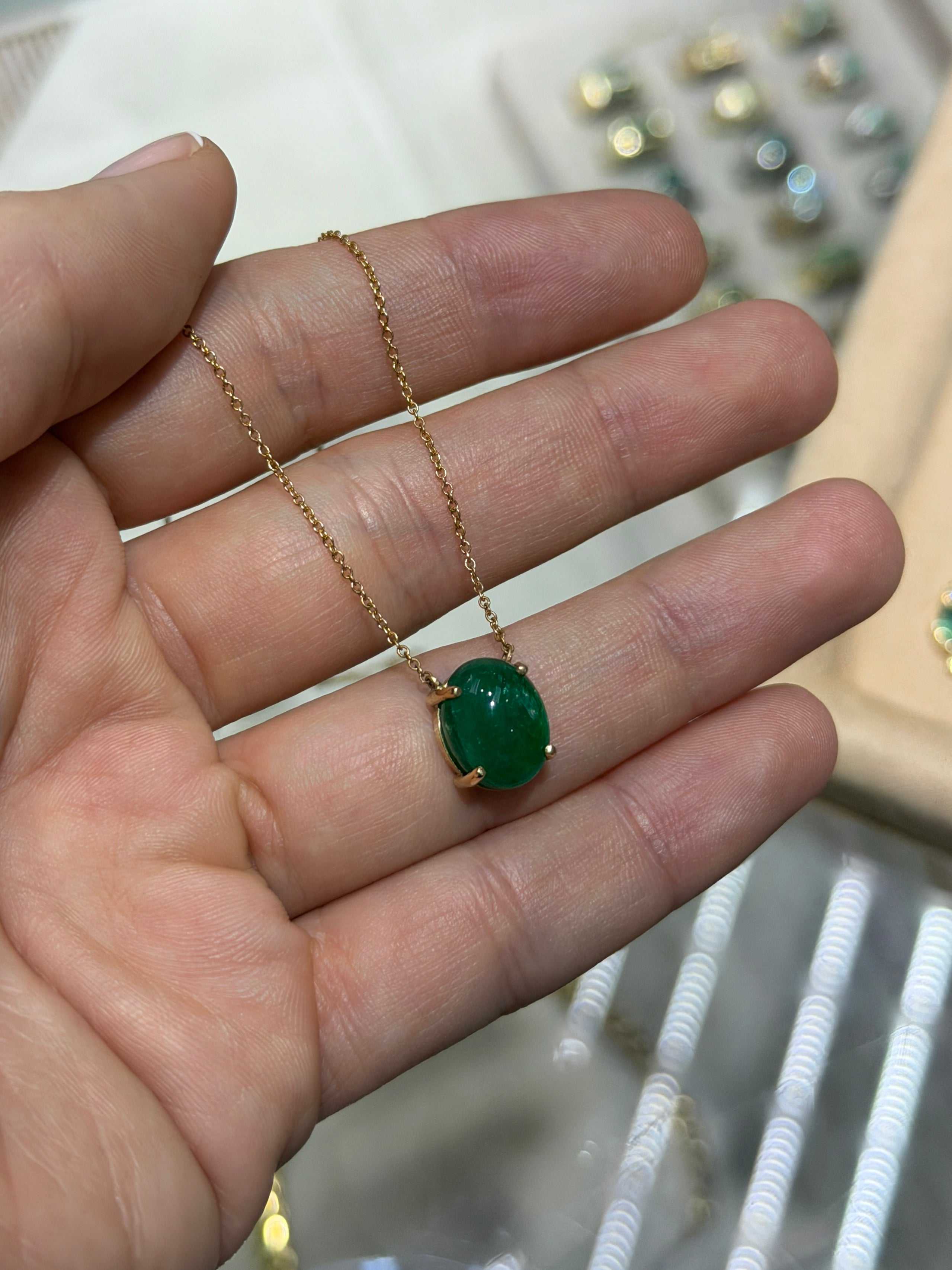 5.50 Carat Zambian Emerald Cabochon Cut Solitaire Necklace 14K - JR Colombian Emeralds