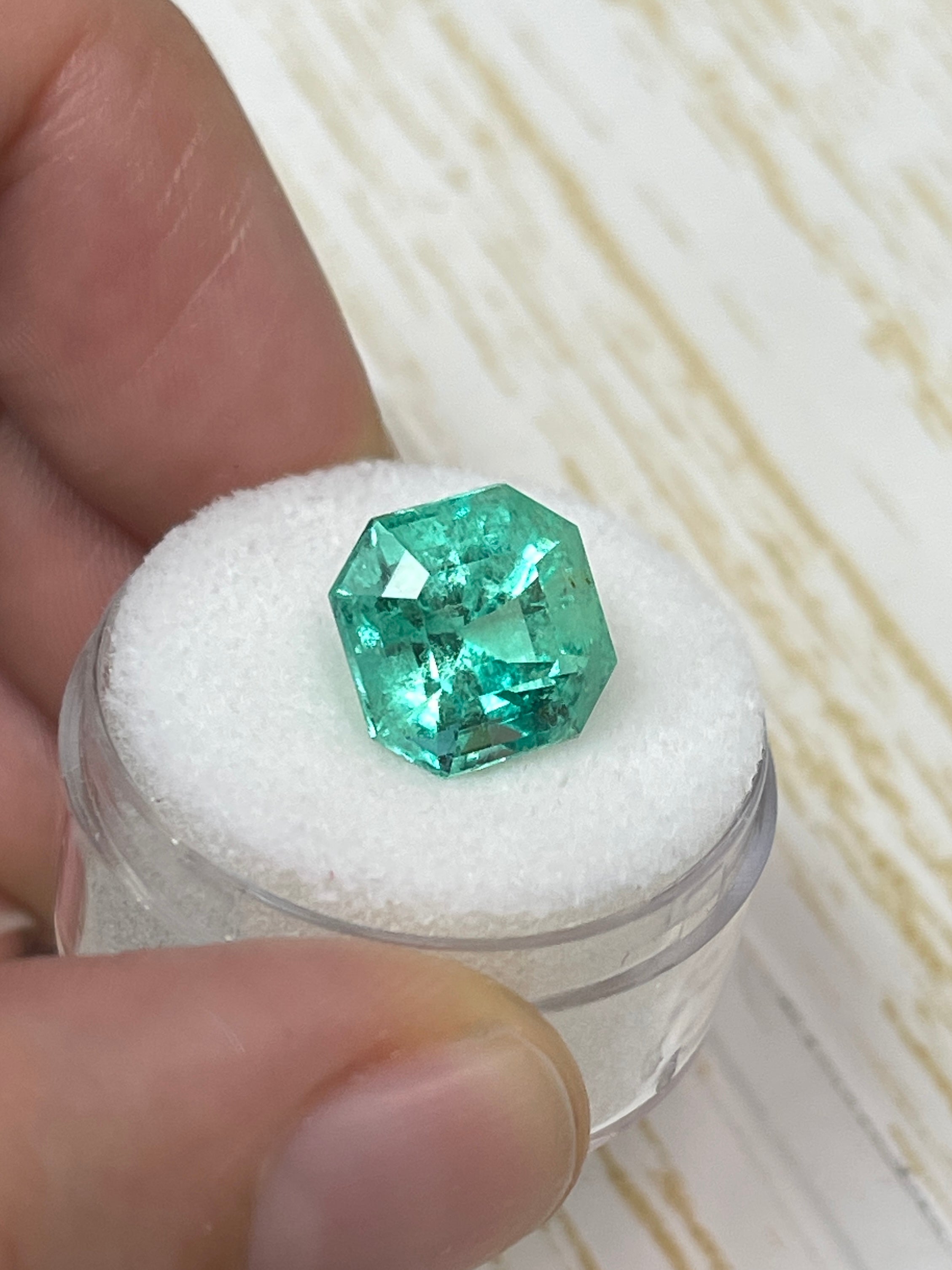 5.56-carat natural Colombian emerald loose gemstone, Asscher cut, vibrant spring green color, from JR Colombian Emeralds