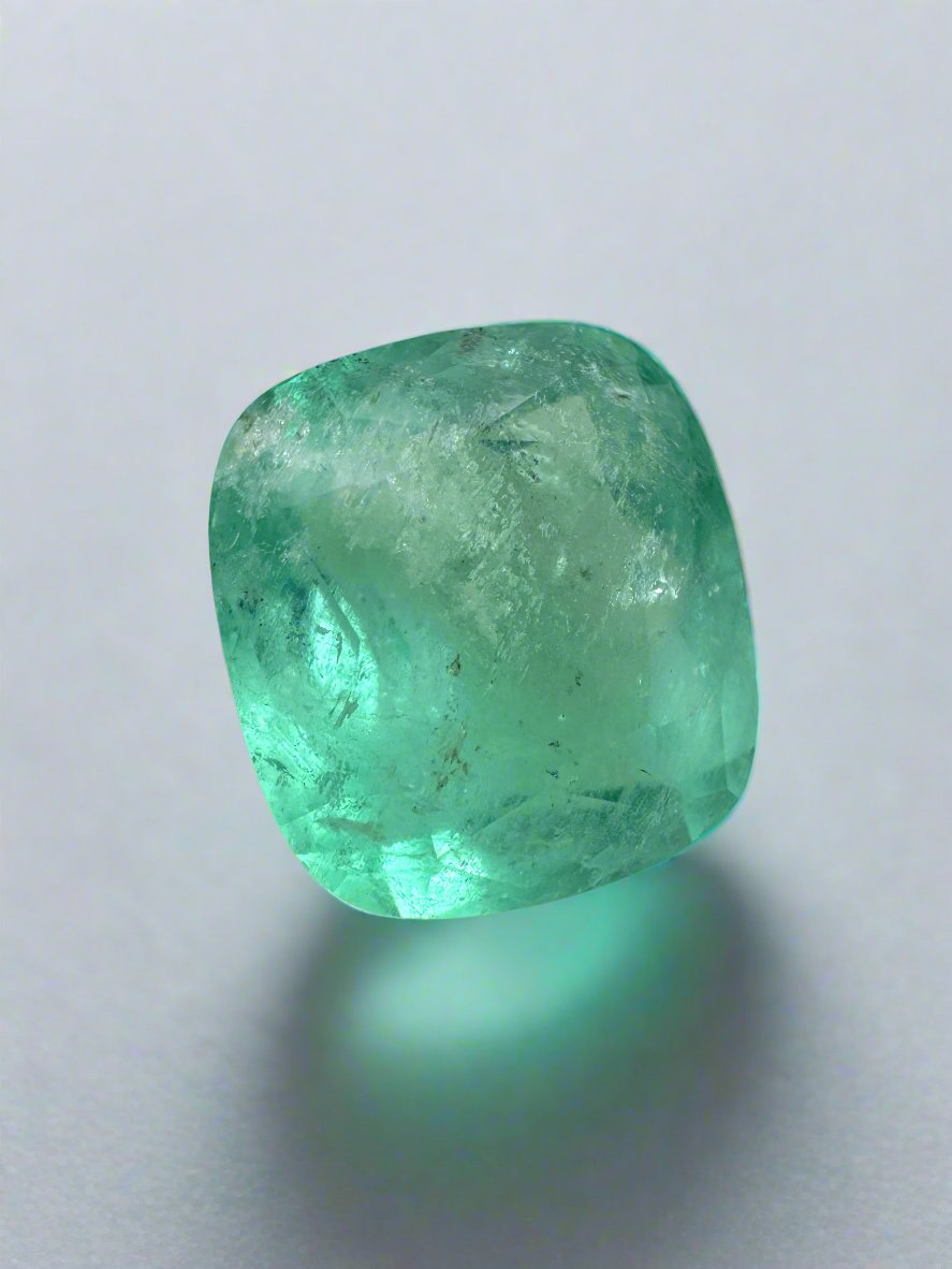 5.86 carat natural Colombian emerald, 11.5x10.5mm cushion cut, earthy pastel green loose gemstone from JR Colombian Emeralds