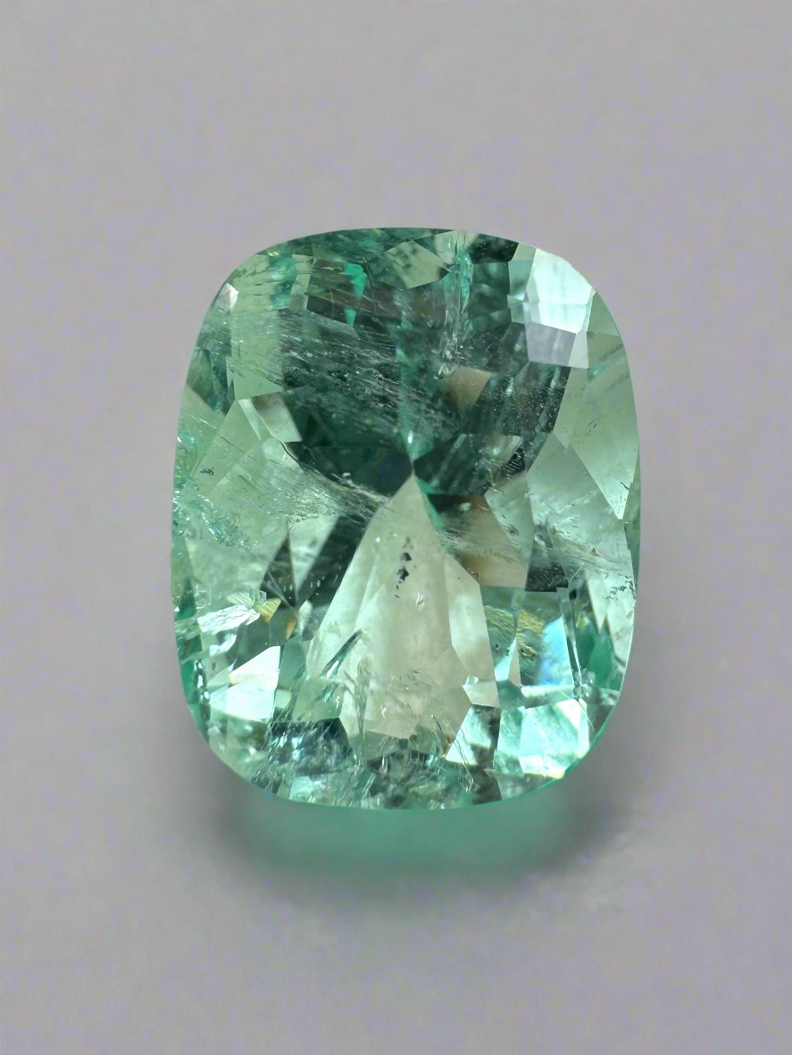 5.96 Carat 13x10 Seafoam Green Freckled Natural Loose Colombian Emerald-Elongated Cushion Cut - JR Colombian Emeralds