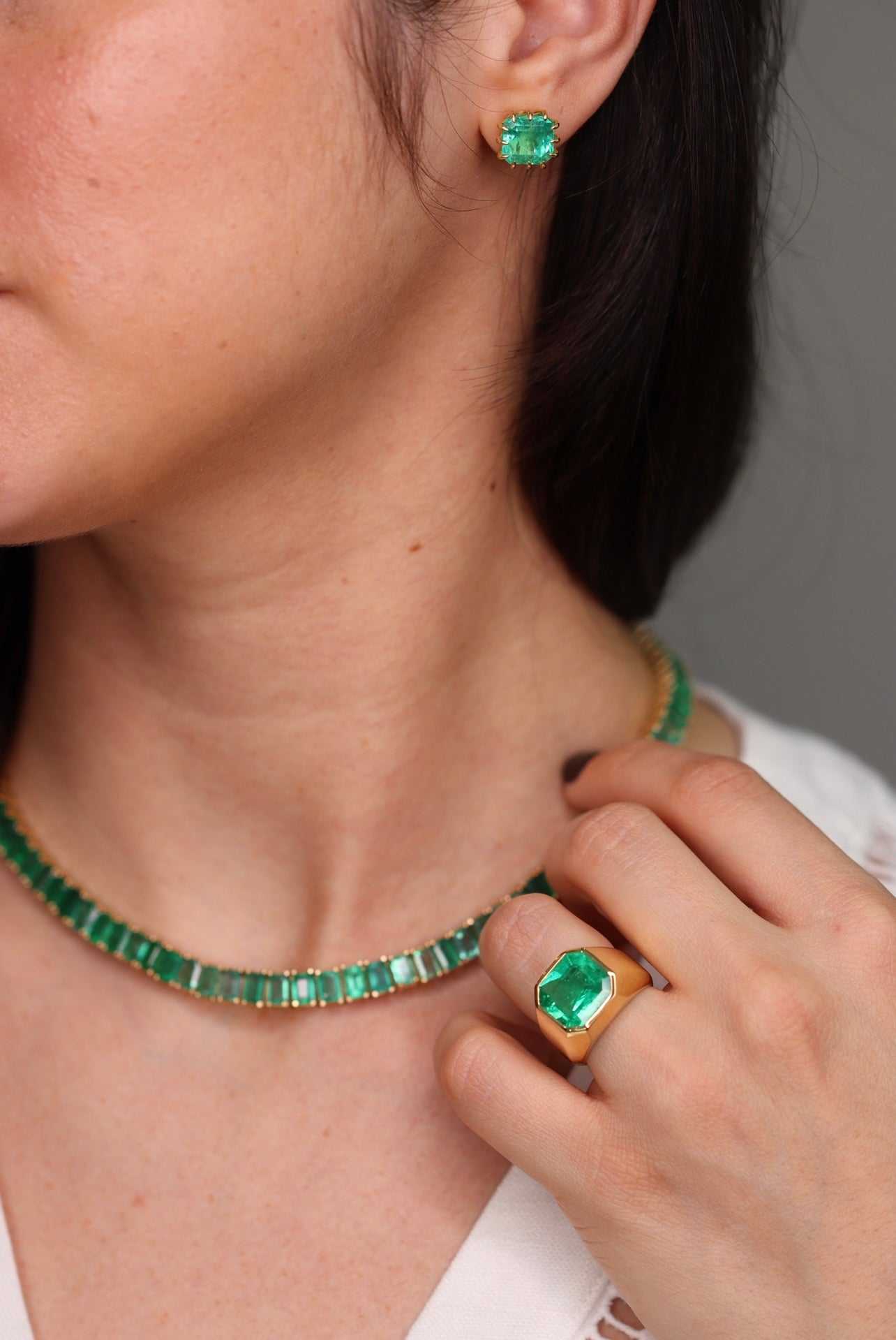 53tcw XL Emerald Cut Emerald Tennis Necklace 14K 16.25 Inches - JR Colombian Emeralds