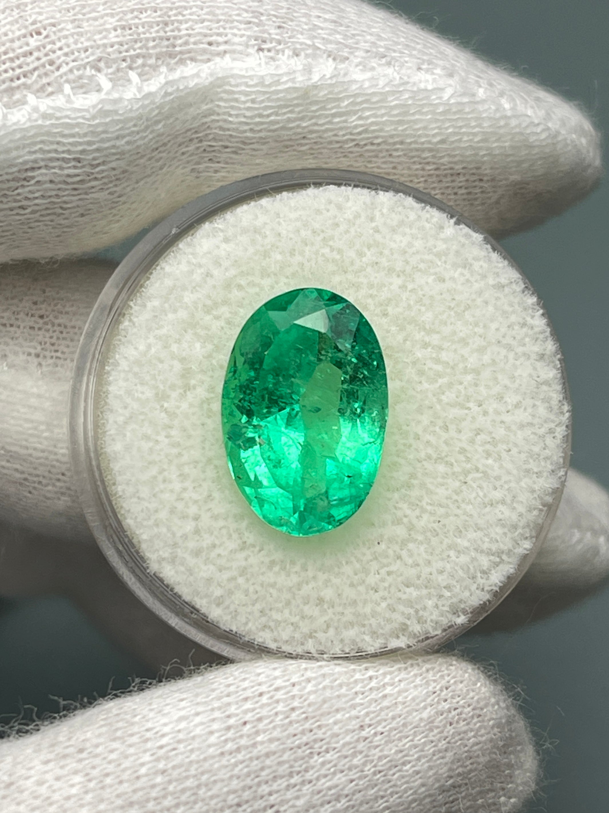 6.23 Carat Elongated Yellowish Green Natural Loose Colombian Emerald-Oval Cut - JR Colombian Emeralds