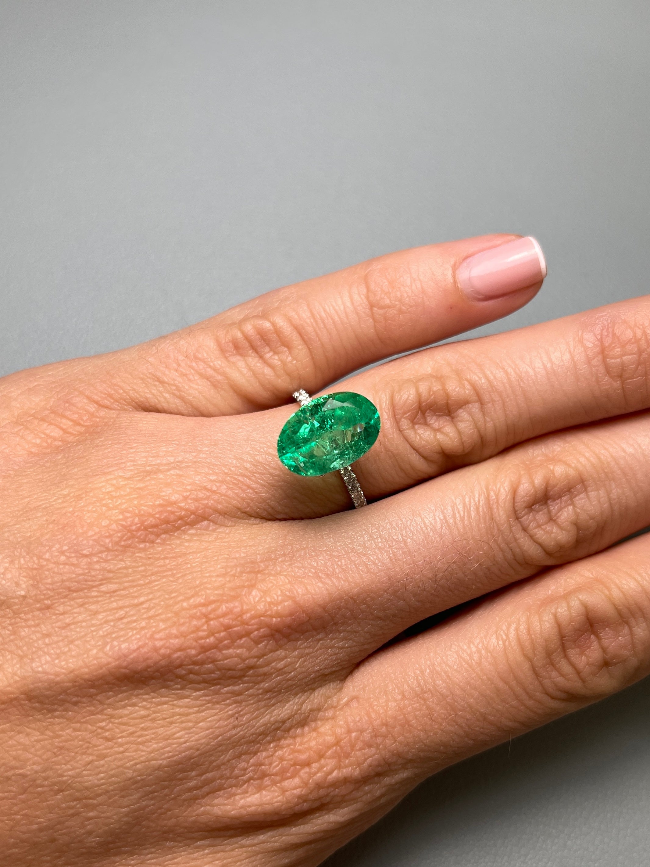 6.23 Carat Elongated Yellowish Green Natural Loose Colombian Emerald-Oval Cut - JR Colombian Emeralds
