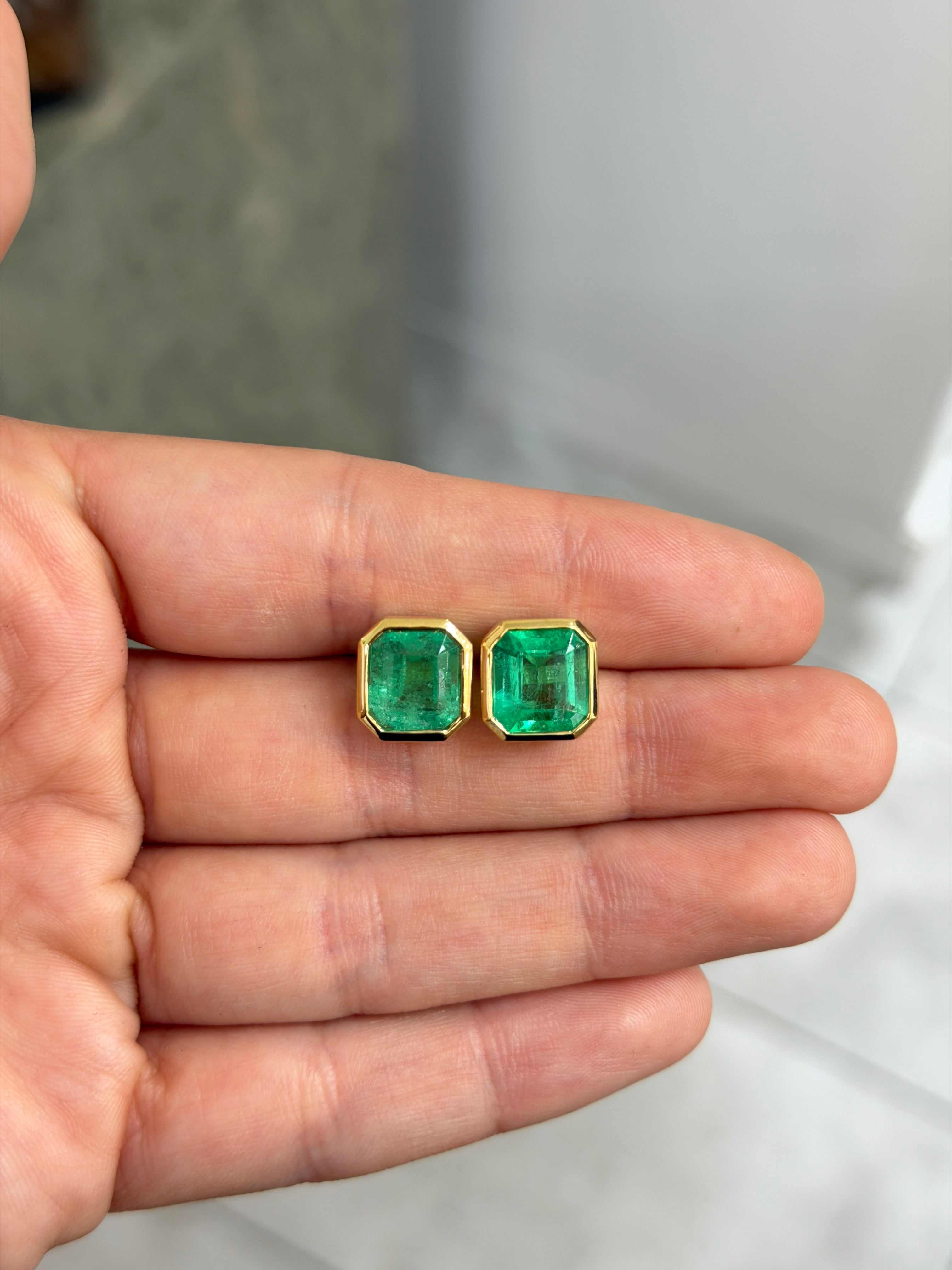 6.23tcw Asscher Cut Colombian Emerald Bezel Set Studs 18K