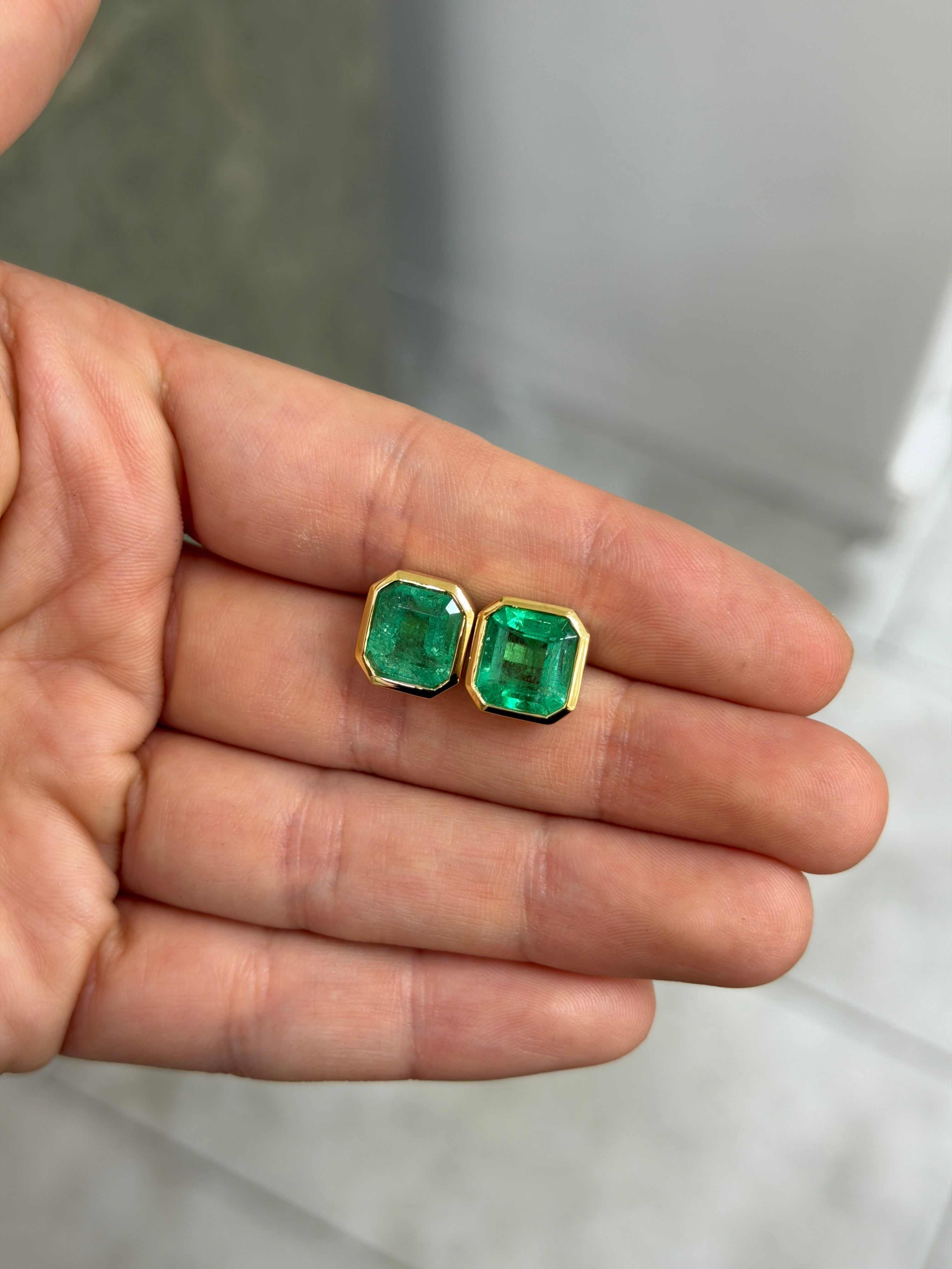 6.23tcw Asscher Cut Colombian Emerald Bezel Set Studs 18K