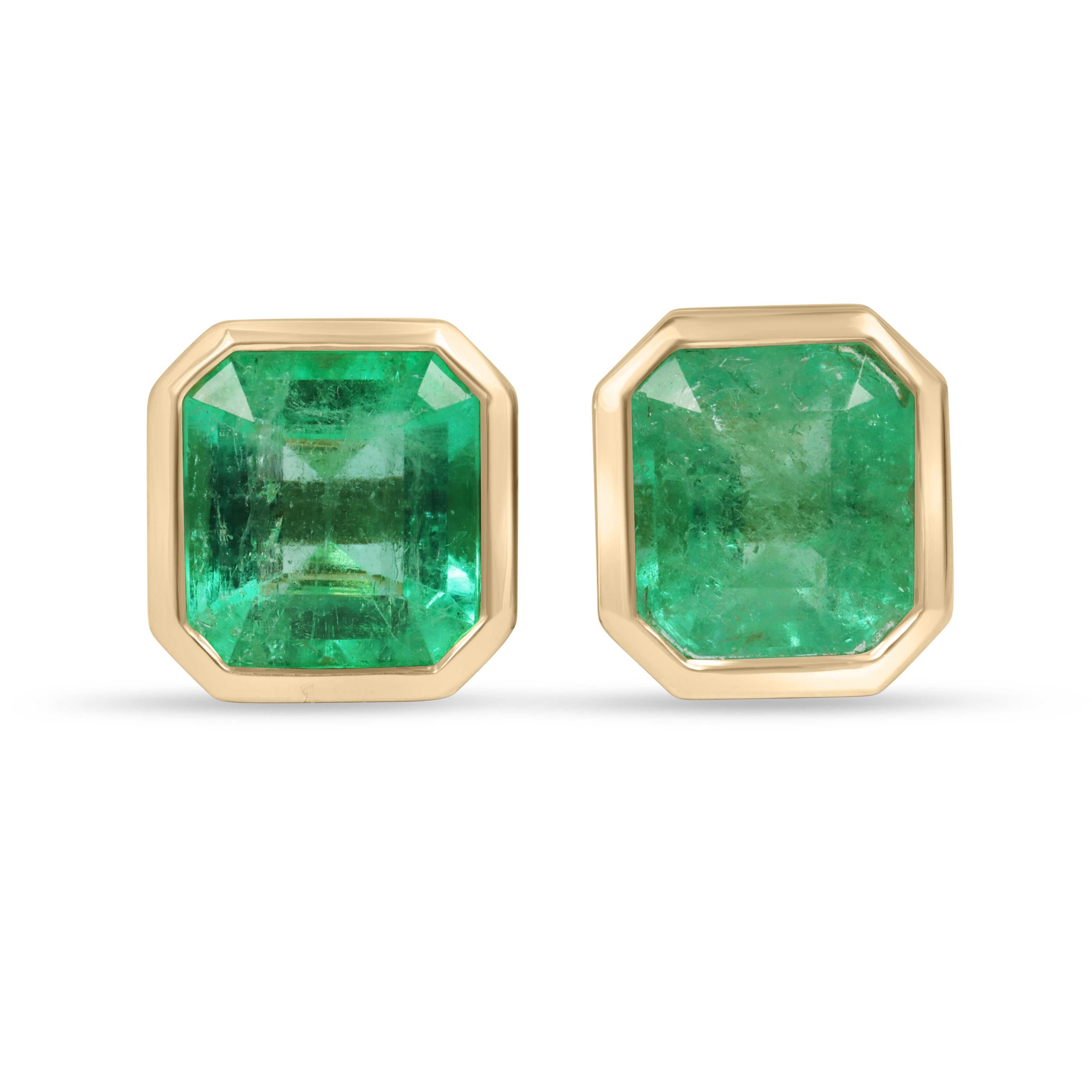 Asscher cut Colombian emerald stud earrings bezel set in 18K yellow gold