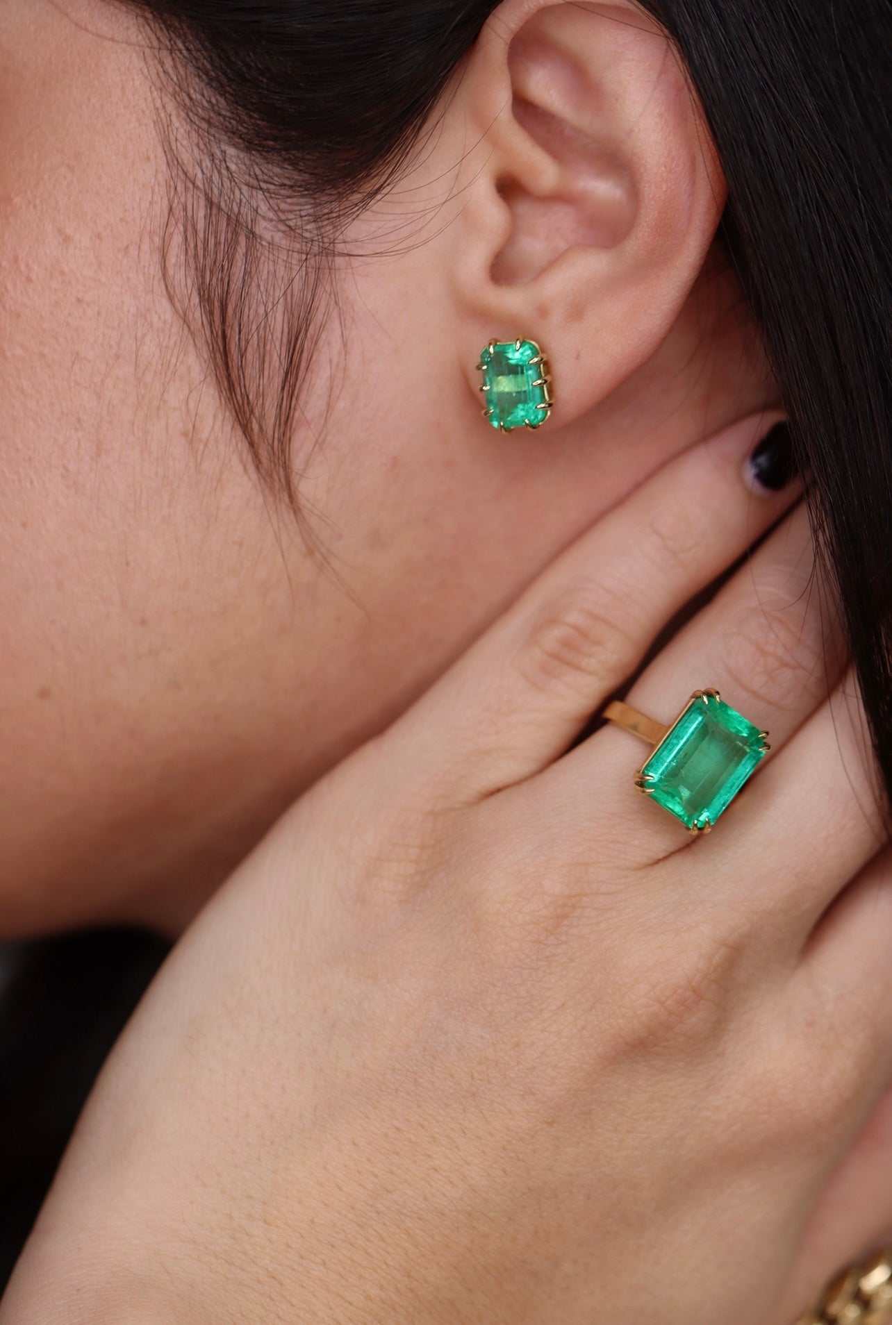 6.24tcw Colombian Emerald Multi Prong 18K Statement Studs - JR Colombian Emeralds