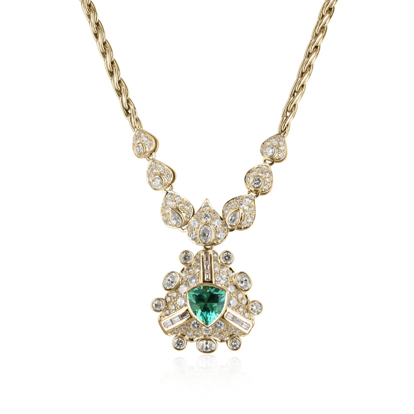 Vintage 1980s Colombian Emerald & Diamond Necklace 18K Gold – 6.28 TCW Trillion-Cut AAA Natural Emerald - JR Colombian Emeralds