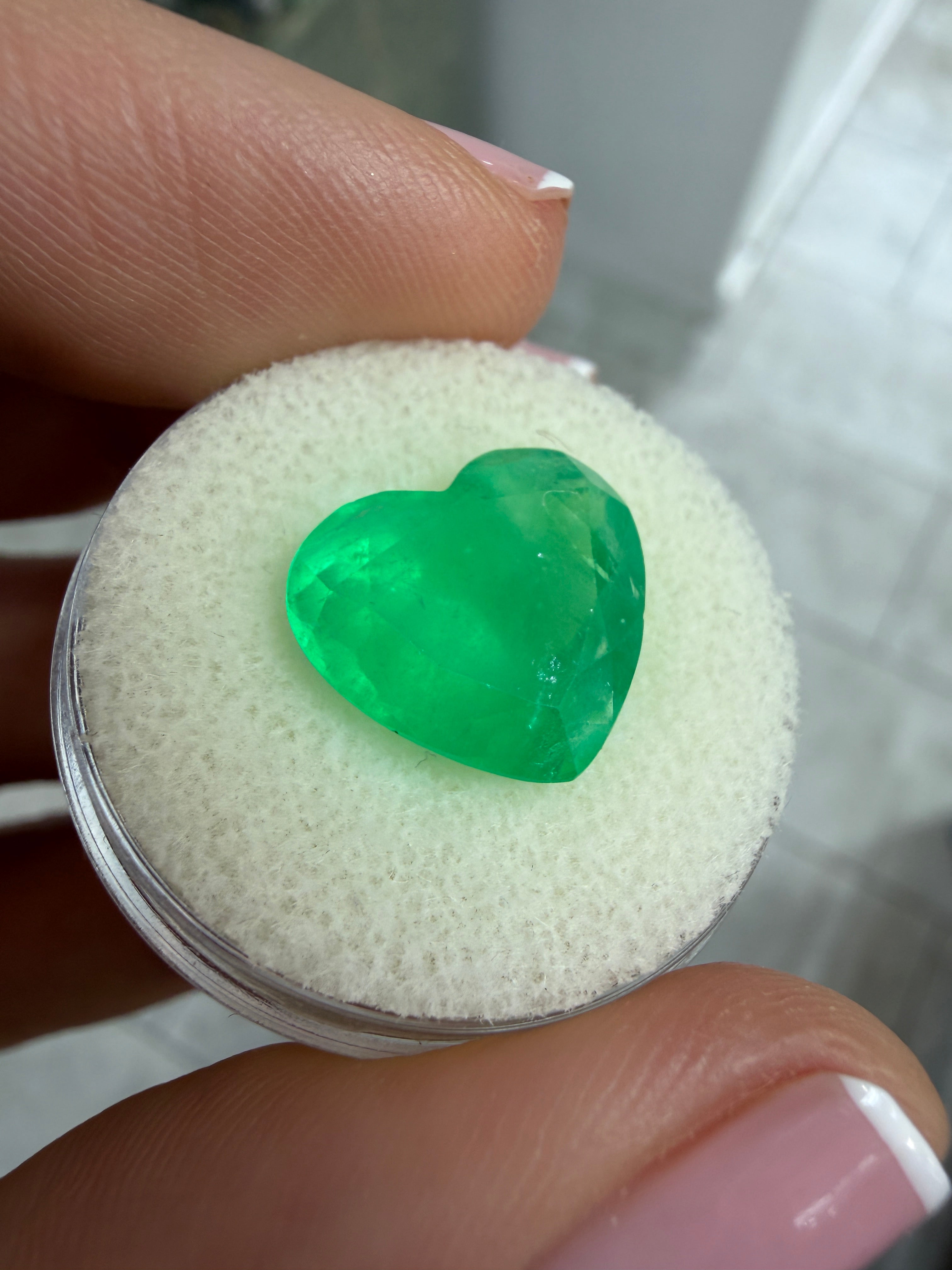 Medium green Colombian emerald, 6.35 carats, 12x13.5mm heart cut, natural loose gemstone by JR Colombian Emeralds.