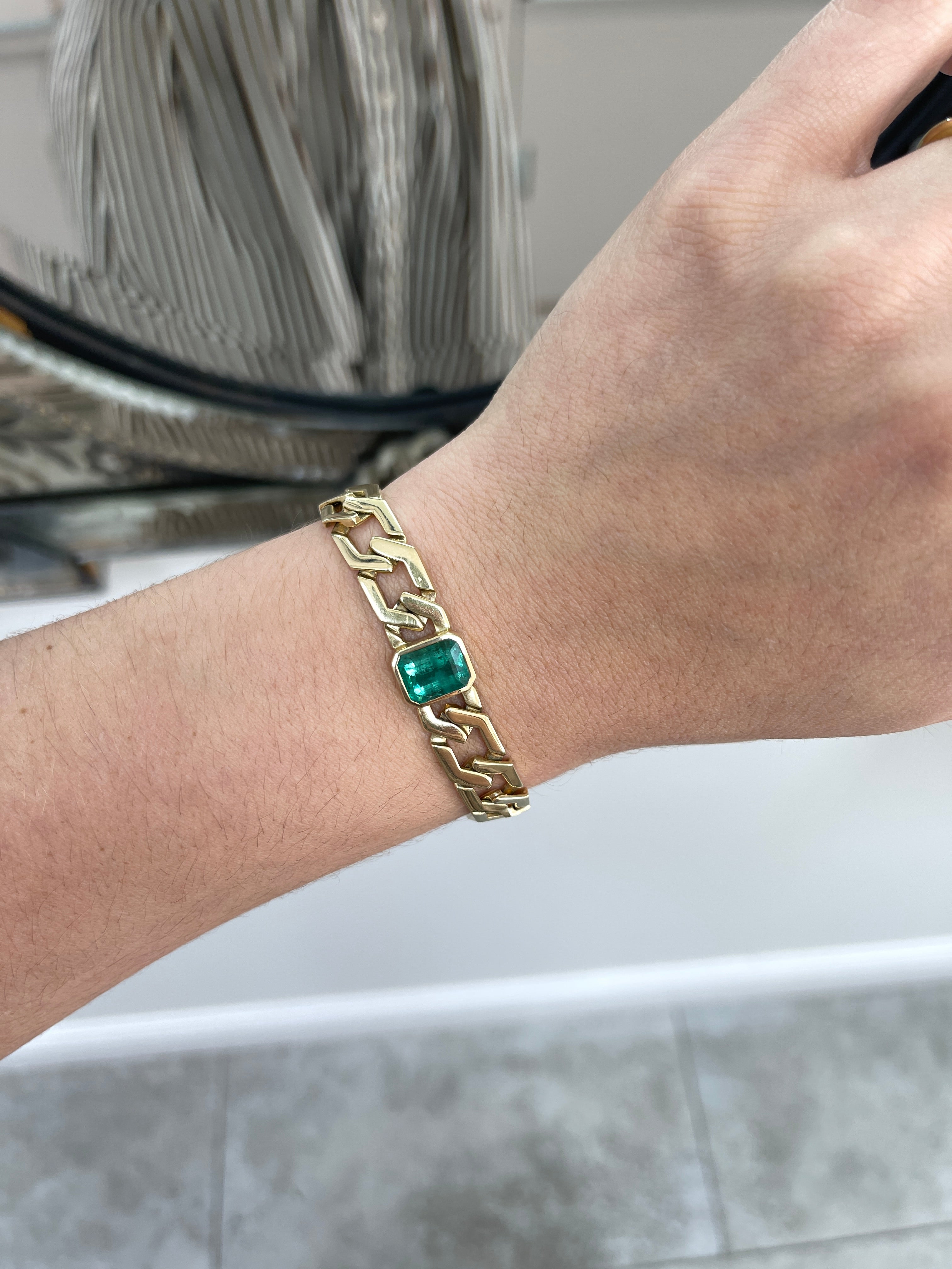 6.38 Carat Bezel Set Chunky Solid Gold Emerald Link Bracelet- 7 Inches - JR Colombian Emeralds