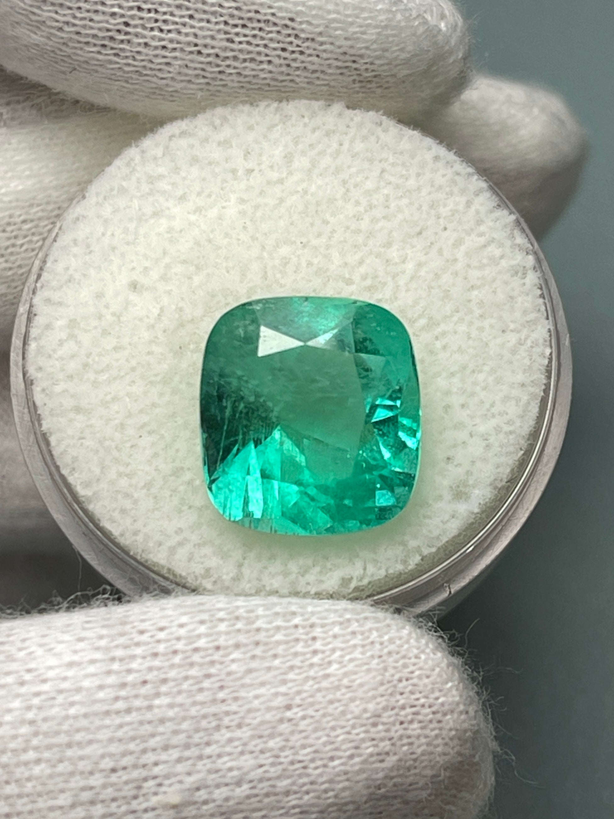 Natural 6.65 carat bluish green Colombian emerald in cushion cut, loose gemstone, from JR Colombian Emeralds.