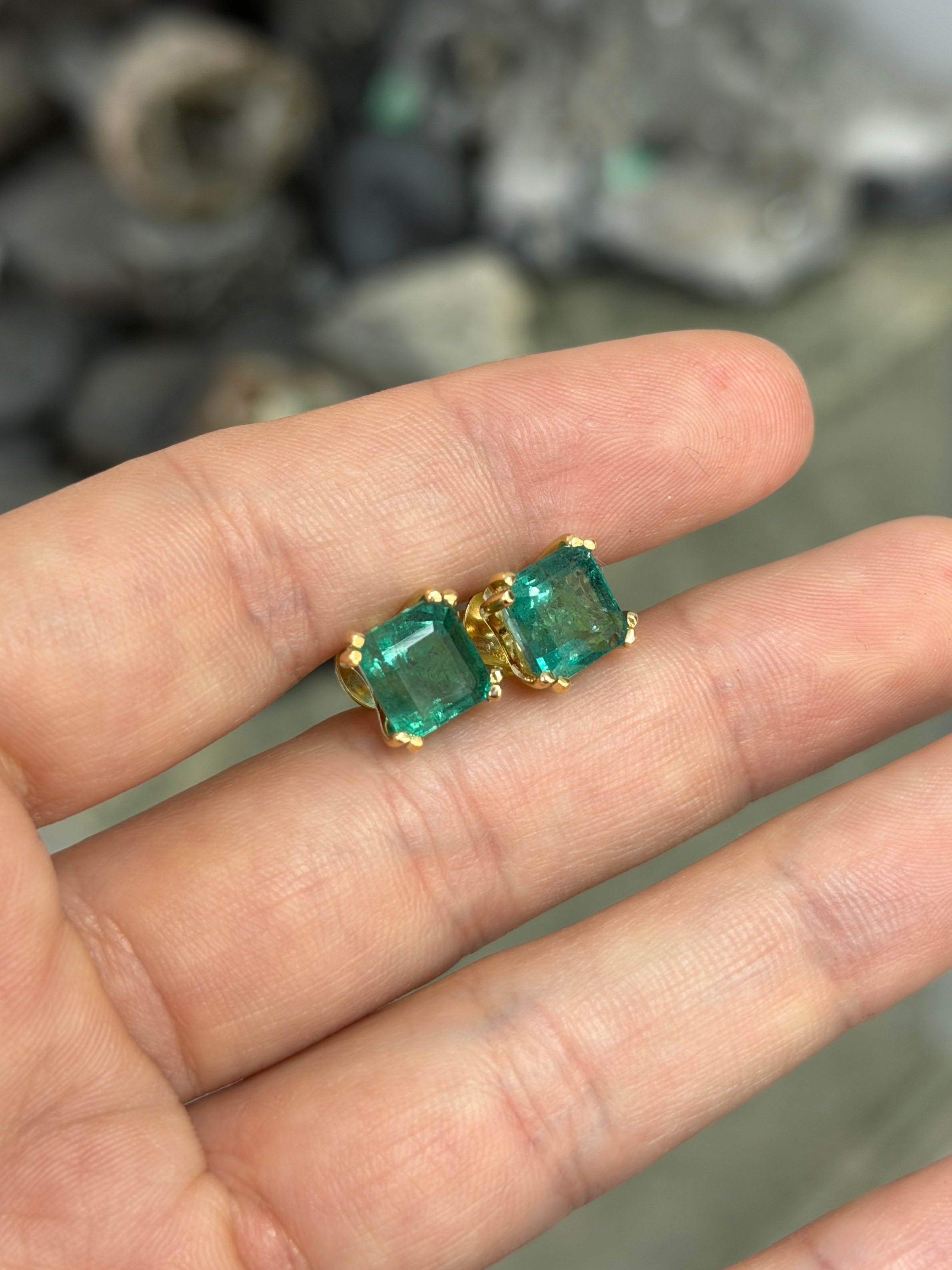 Asscher cut natural emerald stud earrings with double prong setting, 6.70tcw, 18K gold from JR Colombian Emeralds.