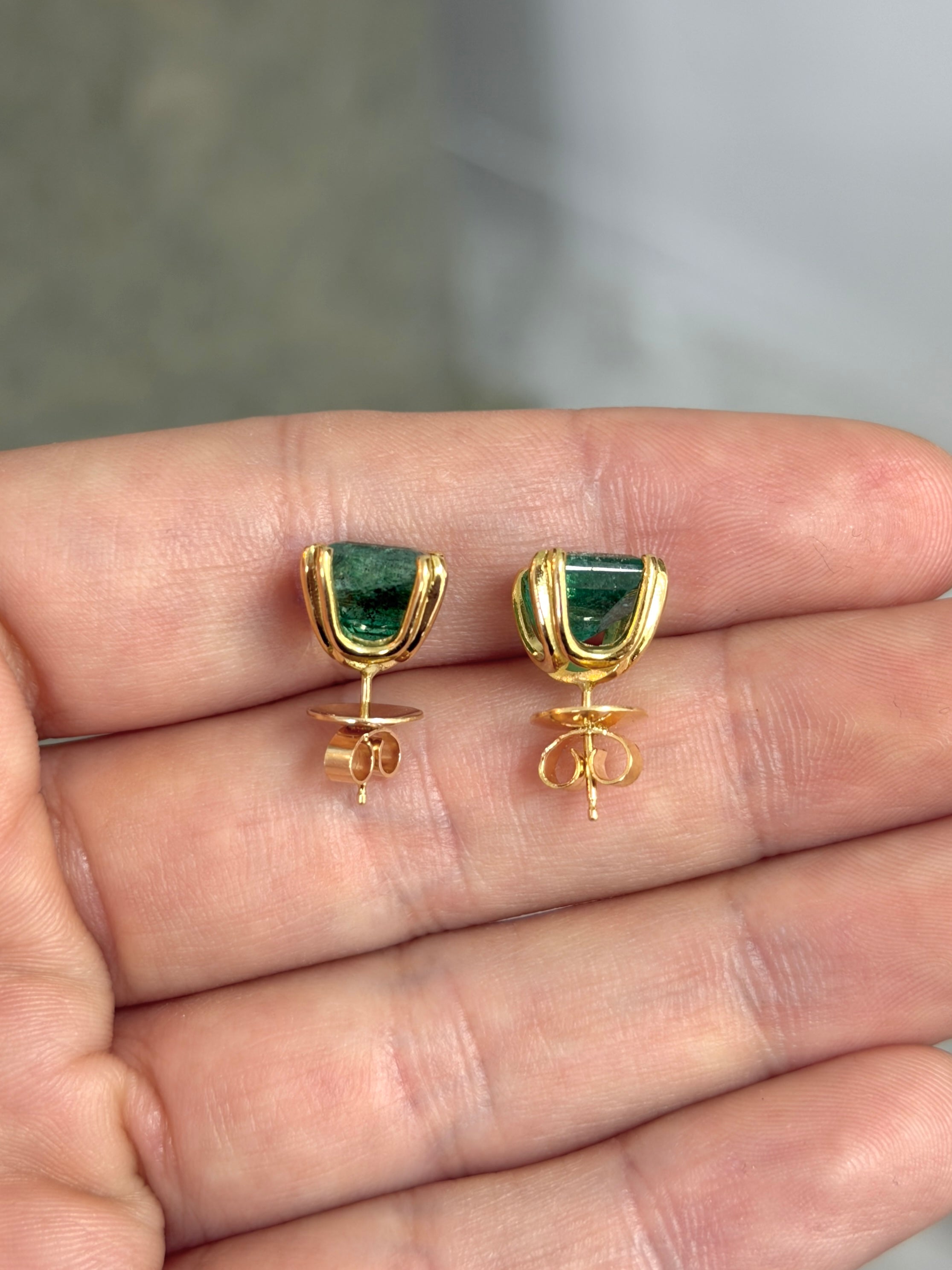 6.70tcw 8x8 Asscher Cut Natural Emerald Double Prong Stud Earrings 18K - JR Colombian Emeralds