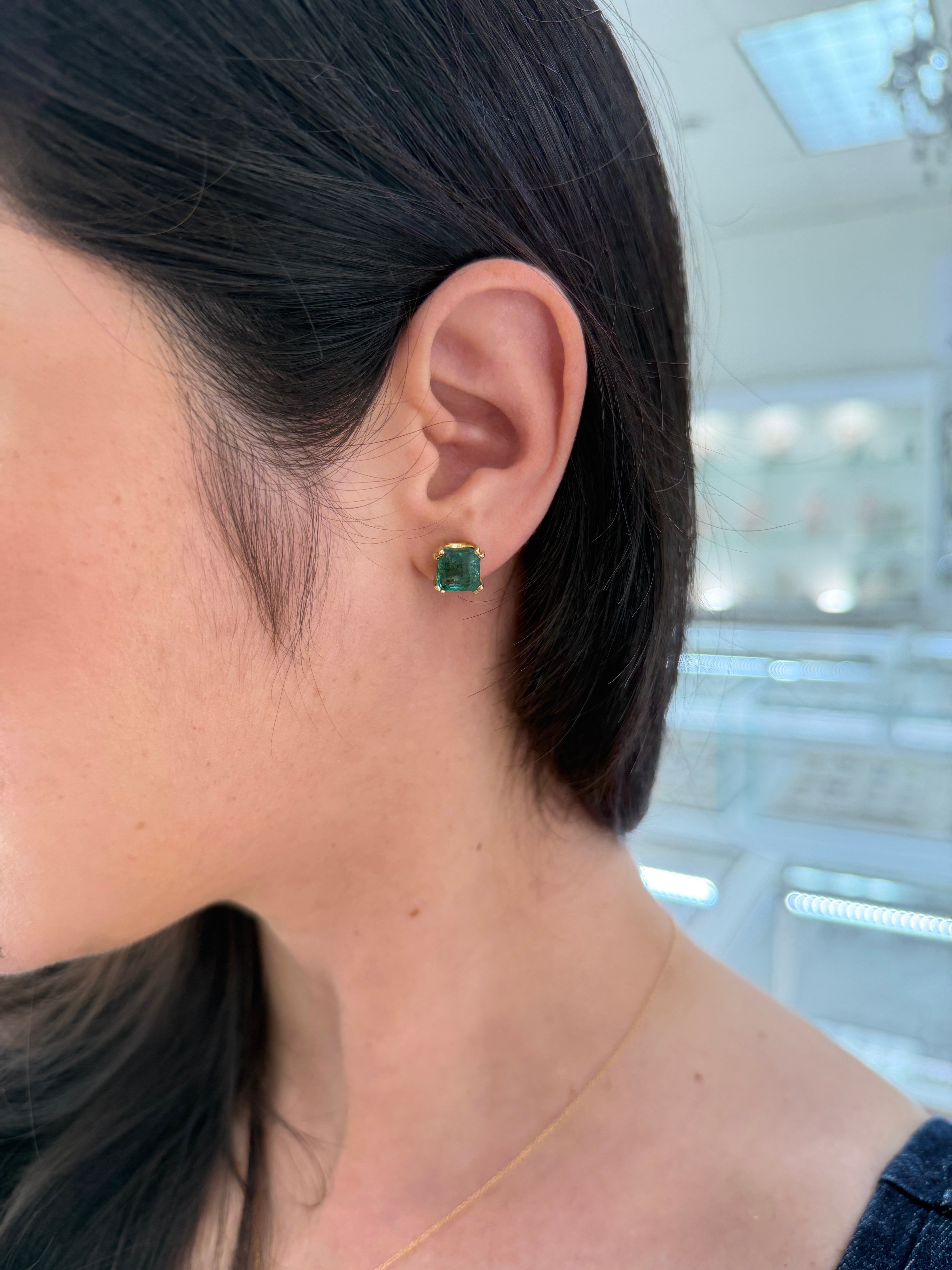 6.70tcw 8x8 Asscher Cut Natural Emerald Double Prong Stud Earrings 18K - JR Colombian Emeralds