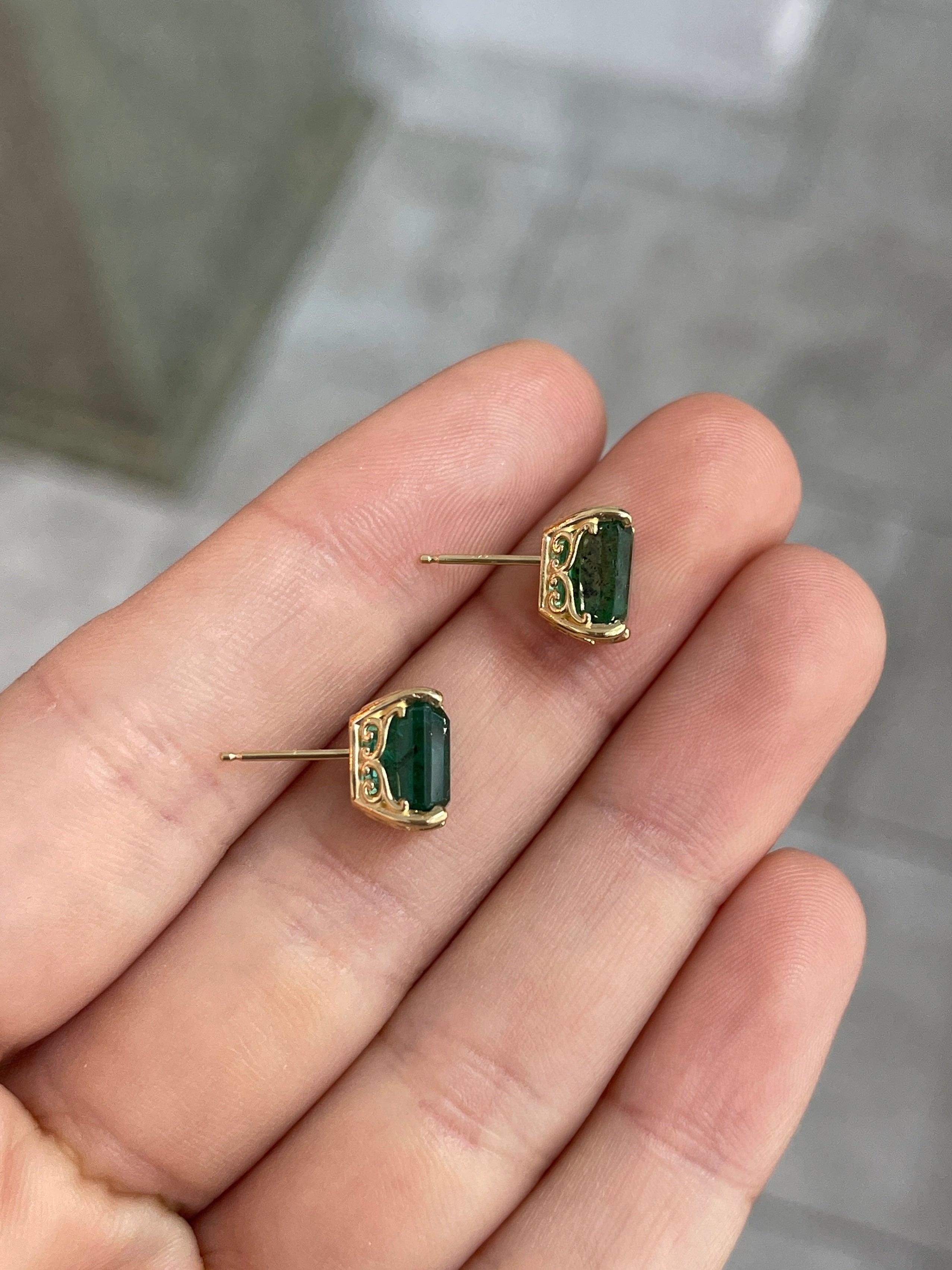 6.70tcw Zambian Emerald Emerald Cut Fleur De Lis Stud Earrings 14K - JR Colombian Emeralds