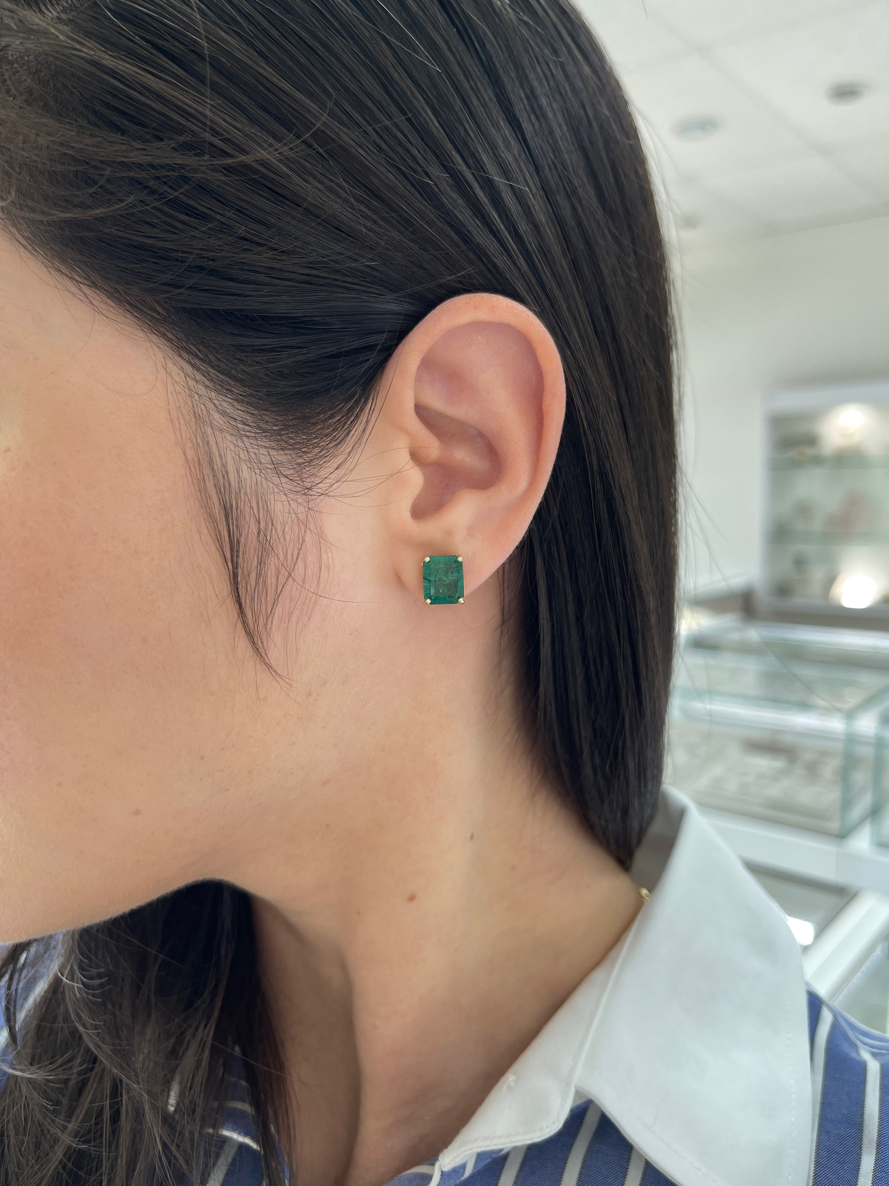 6.70tcw Zambian Emerald Emerald Cut Fleur De Lis Stud Earrings 14K - JR Colombian Emeralds