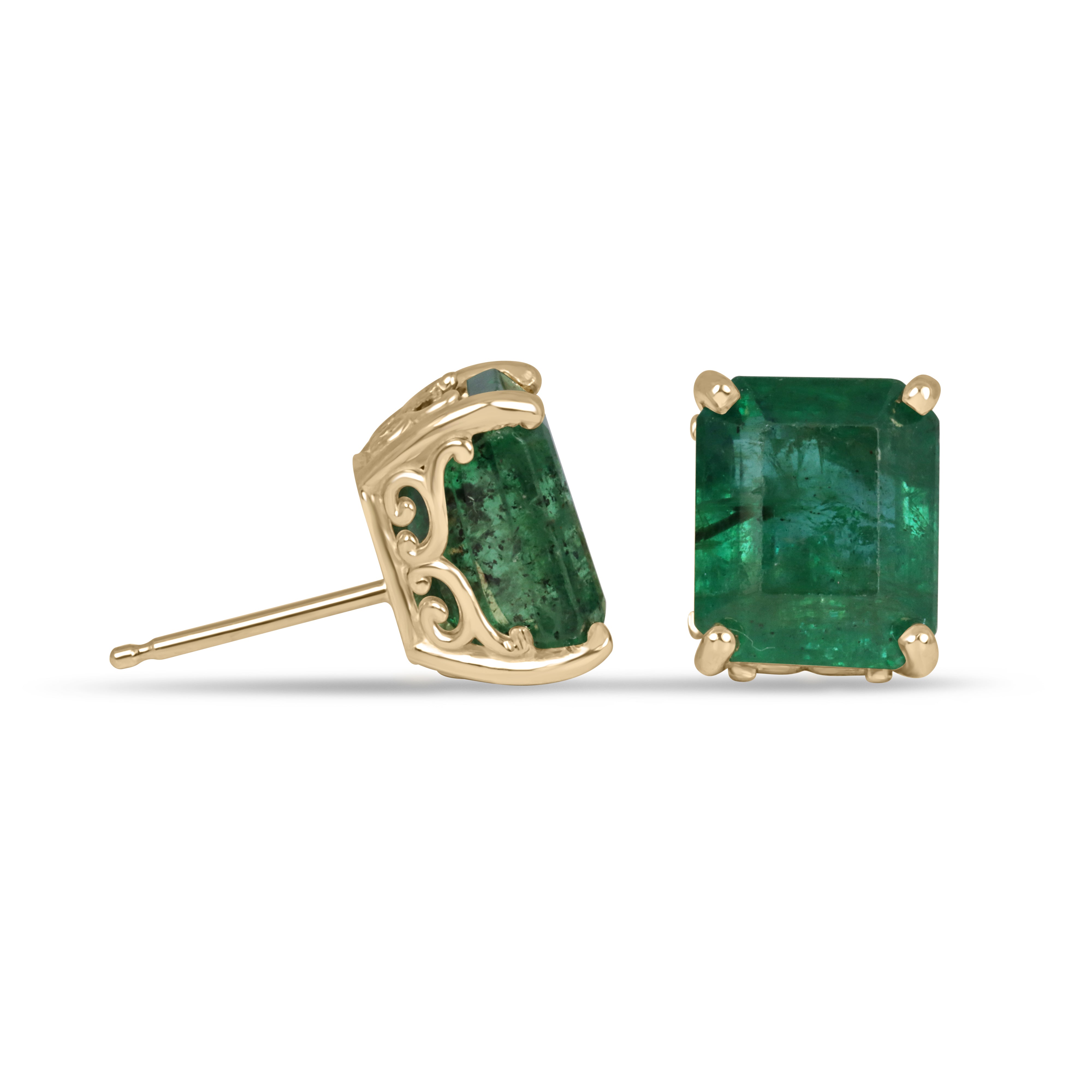 6.70tcw Zambian Emerald Emerald Cut Fleur De Lis Stud Earrings 14K - JR Colombian Emeralds