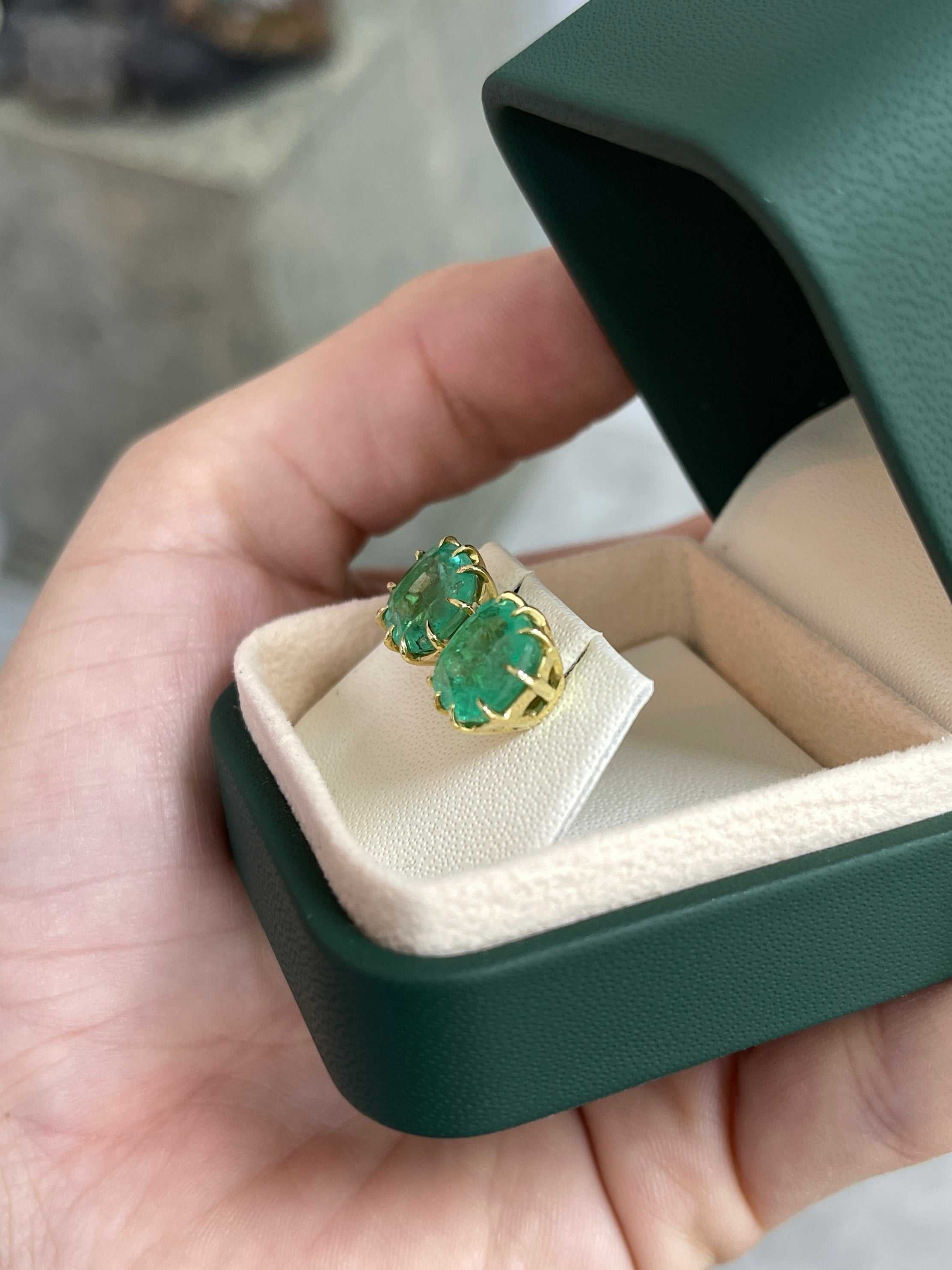6.74tcw Colombian Emerald Cushion Cut Multi Prong 18K Statement Studs - JR Colombian Emeralds