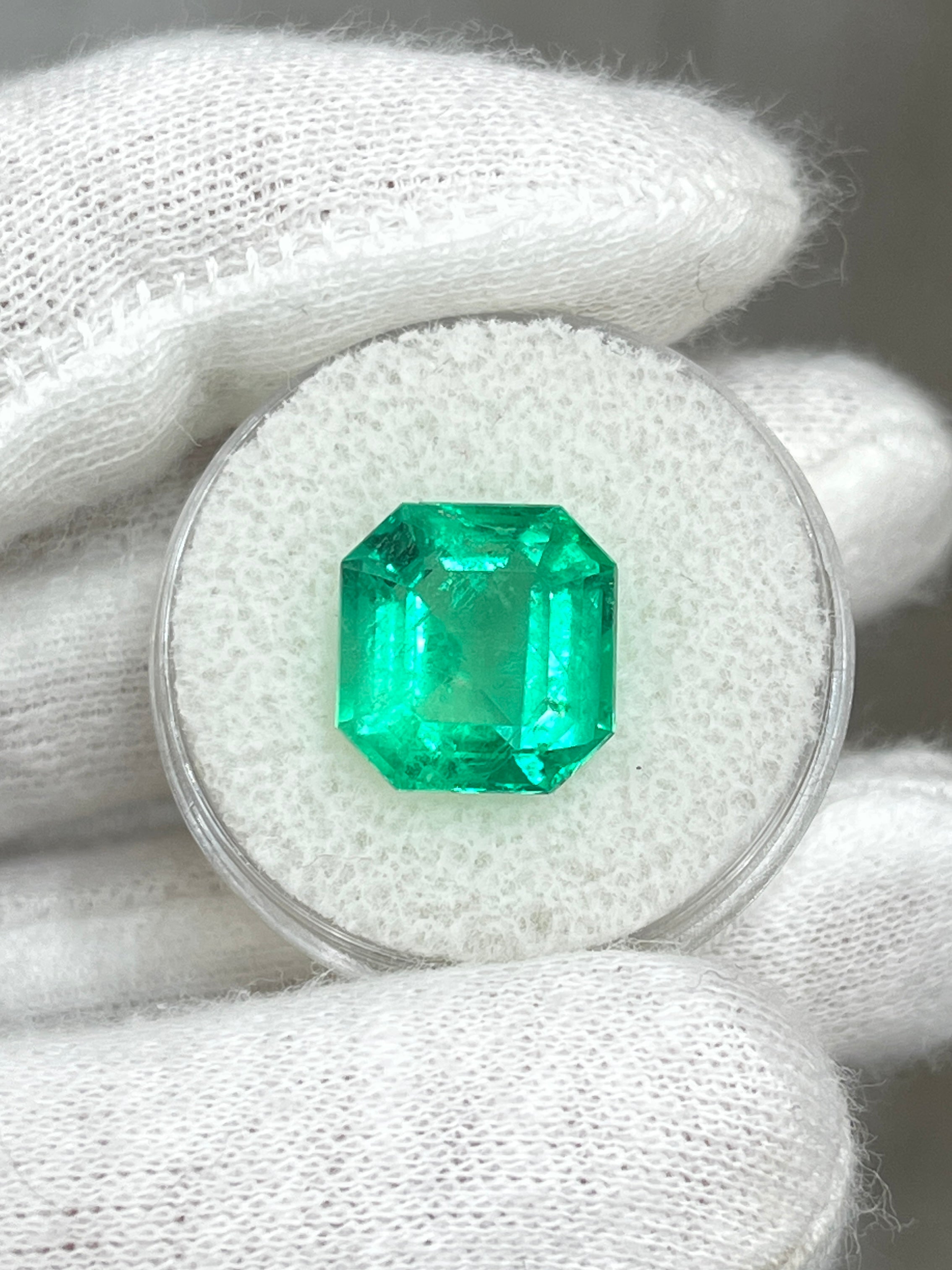 Natural glowing green Colombian emerald loose Asscher cut, 6.76 carats, 12x11.5mm, from JR Colombian Emeralds