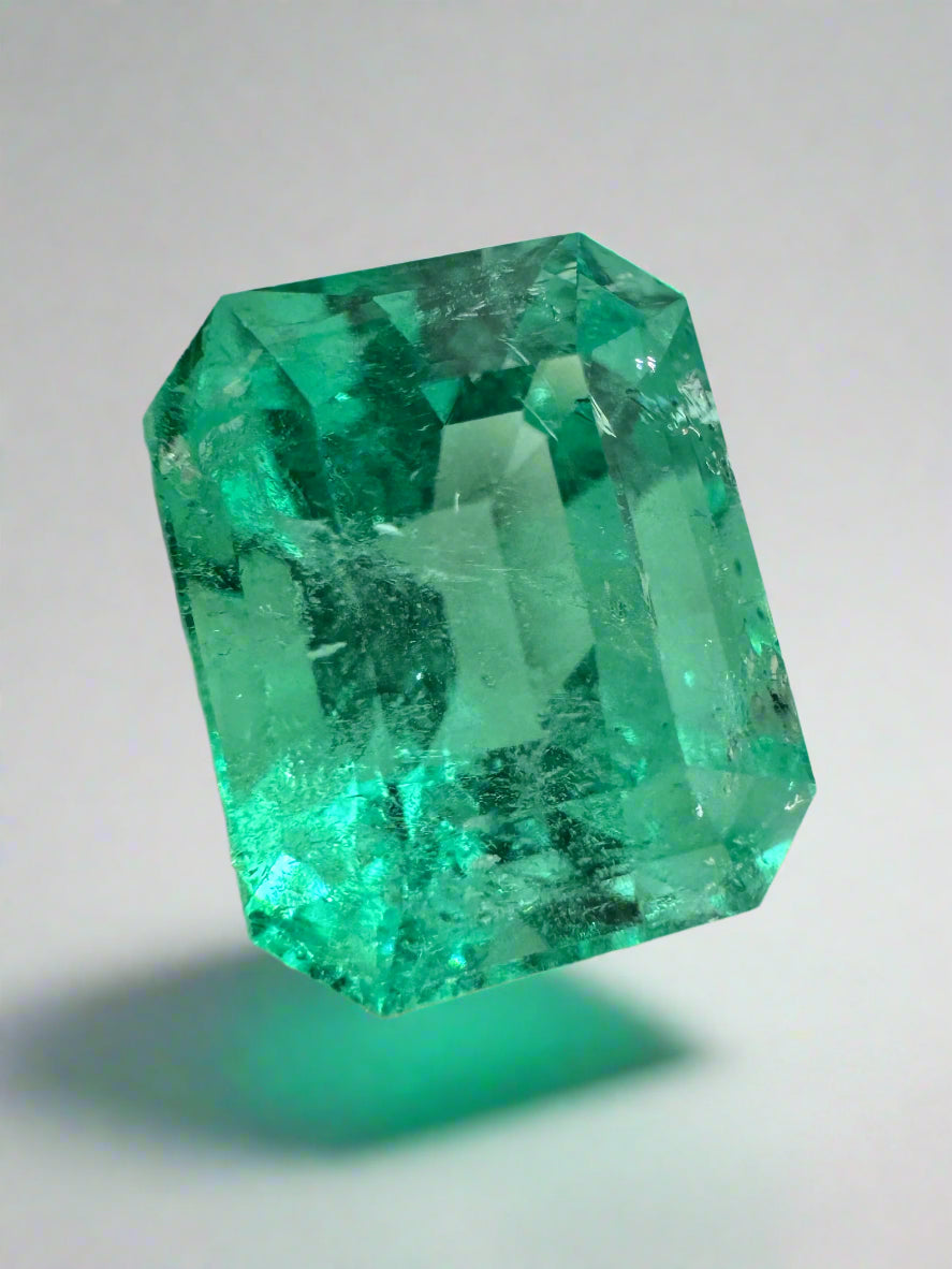 Luminous 6.79 Carat natural Colombian emerald loose gemstone in classic cut, ethically mined by JR Colombian Emeralds.